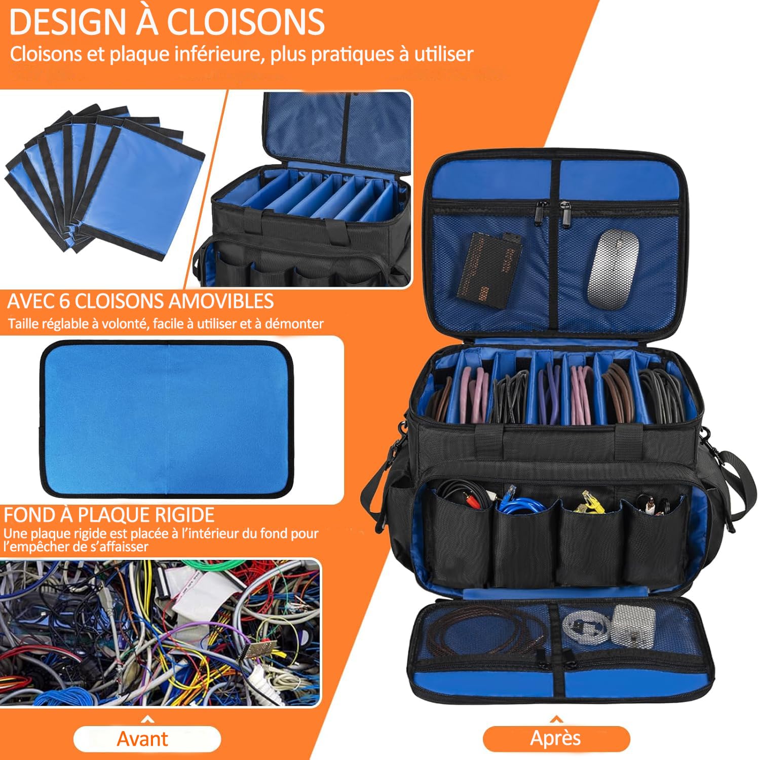 OUUTMEE Bolsa para archivos de cable de DJ, bolsa de almacenamiento de alambre de DJ, bolsa organizadora de equipos de DJ de nailon 1680D con separadores extraíbles y base acolchada, bolsa de alambre