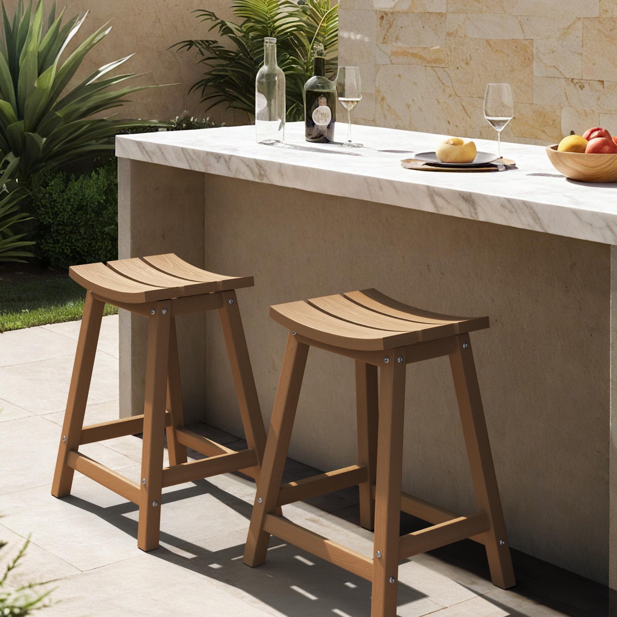 Ciokea 24" Outdoor Counter Height Bar Stools Set of 2, HDPE, Teak | Modern Design | Weatherproof | Heavy-Duty | Backless | Saddle Patio Seats | Deck/Balcony/Kitchen/Counter/Yard/Bar/Party