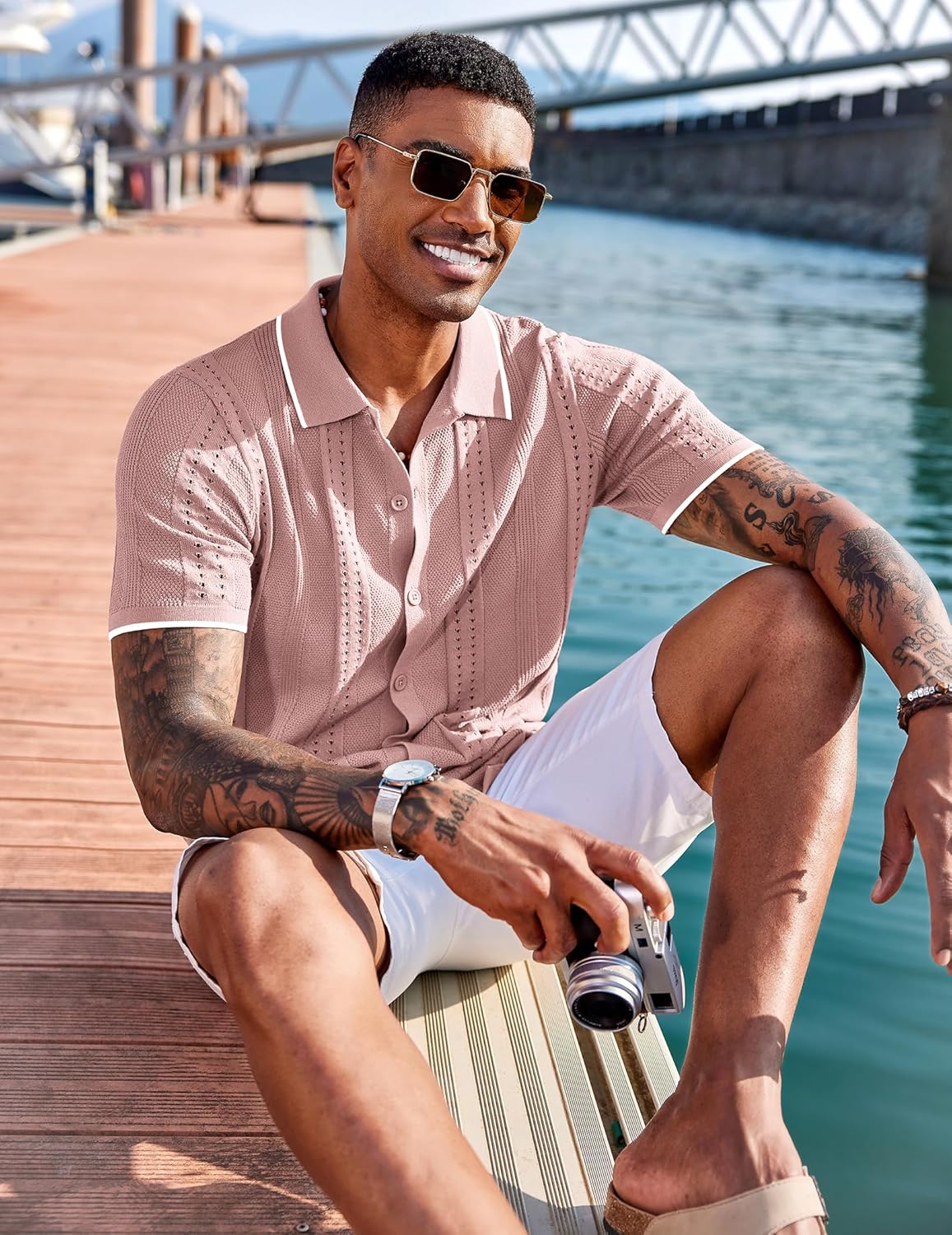 COOFANDY Men's Knit Shirts Short Sleeve Button Down Polo Shirt Fashion Casual Summer Beach Shirts - Image 7