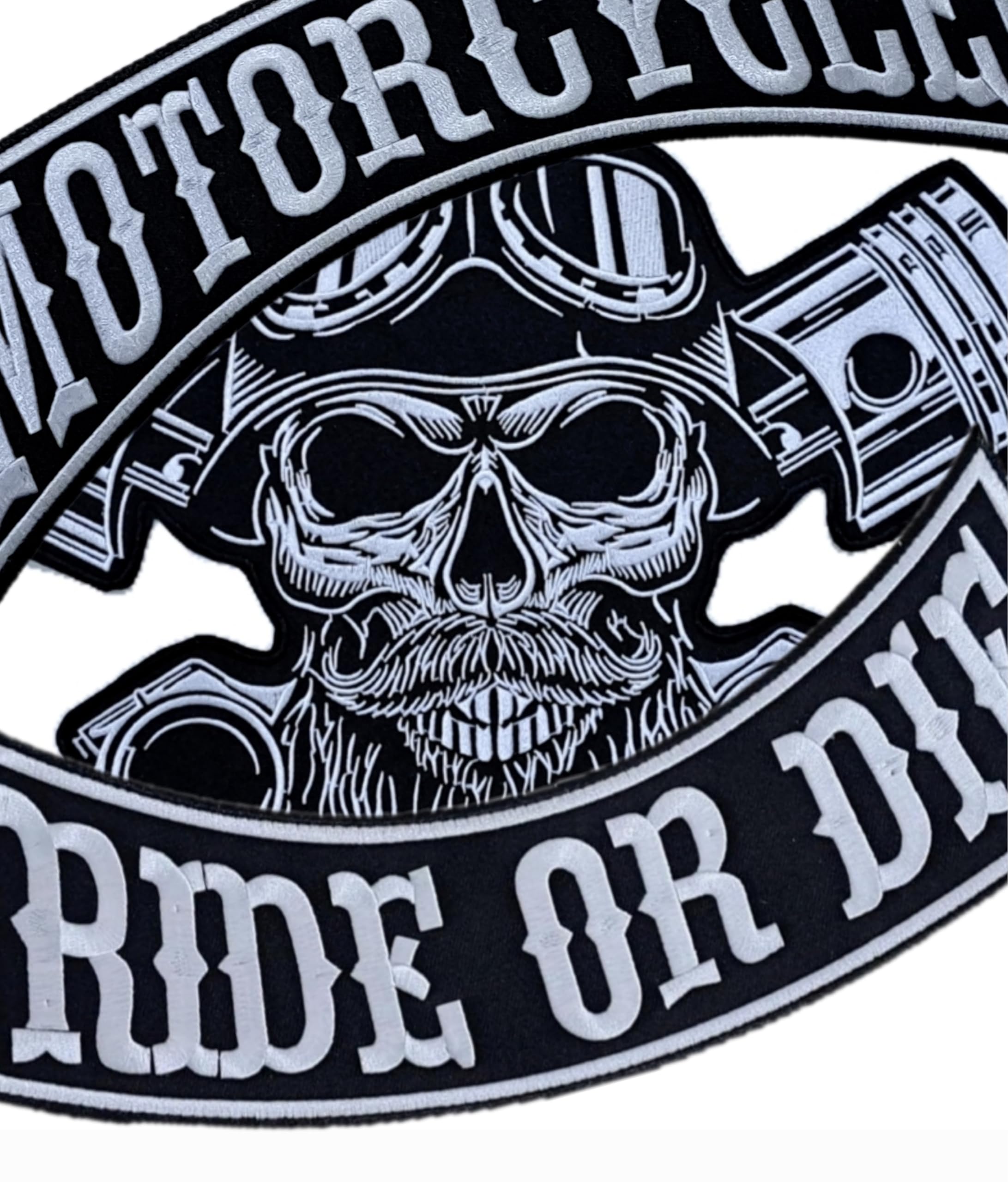 Set 3 Toppe ricamate Biker " Ride OrDie Motorcycle " + Punck Skull XXL Patch Termoadesive per gilet e giubbotti moto, per decorare giacche da moto, Ricamo su accessori fai da te. (Set completo)