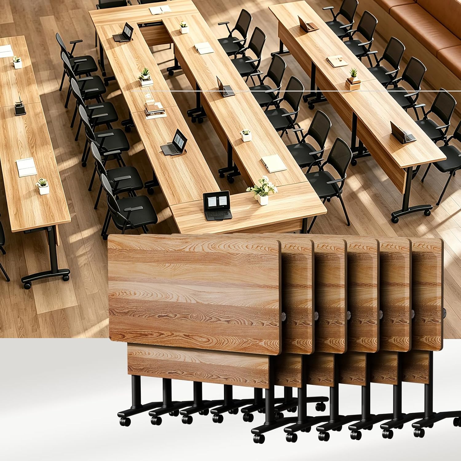 Modular Folding Conference Table with Wheels, Flip Top Mobile Training Room Tables, Portable Work Table for Office Meeting Seminar Classroom (2, Light Oak, 47.2IN)