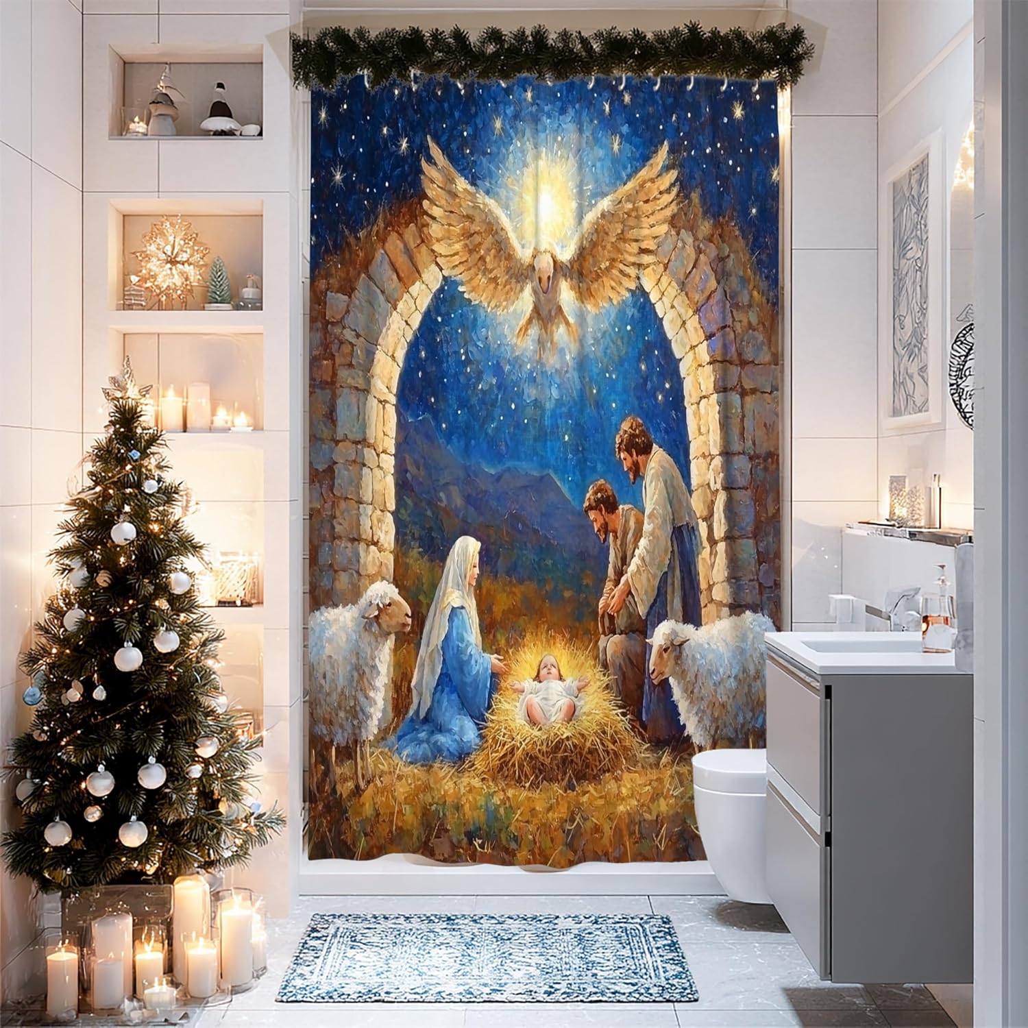 Nativity Shower Curtain Sets, Christmas Religious Angel Sheep Xmas Blue Polyester Waterproof Bathroom Cloth Shower Curtain and Rug Set for Bath Bathtub Apartment Decor 72x72 Inch