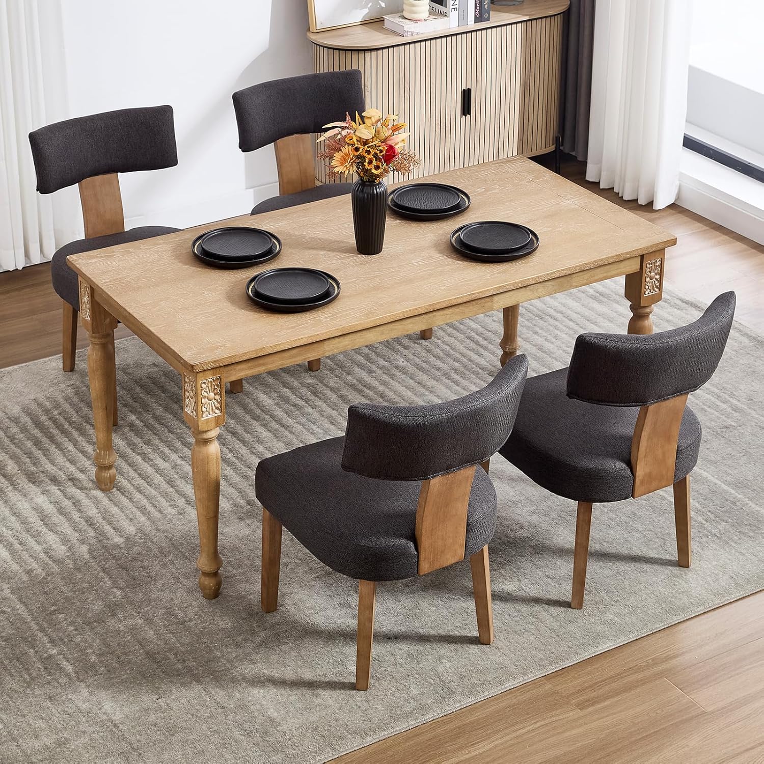 Upholstered Dining Chairs Set of 4, Mid-Century Modern Dining Chairs with Wood Legs, Linen Fabric Farmhouse Kitchen Chairs Armless, Comfy Side Chairs for Living Room/Kitchen, Grey