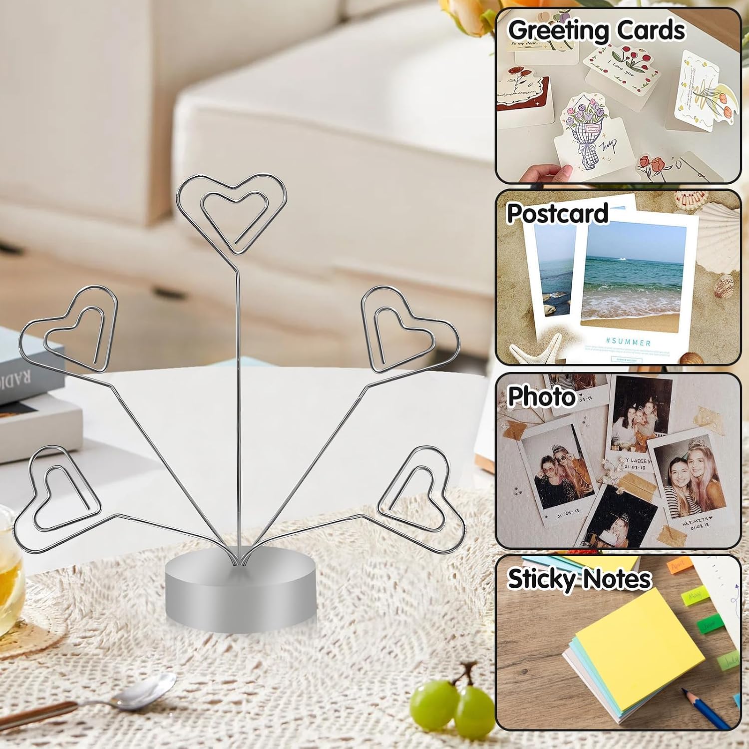 Valentine's Day Gift Card Tree Holder, Heart-Shaped Photo Stand Contains Five Clips, Silver Pictures Desk Display Round Base Suitable Fort Party Holidays Weddings Work