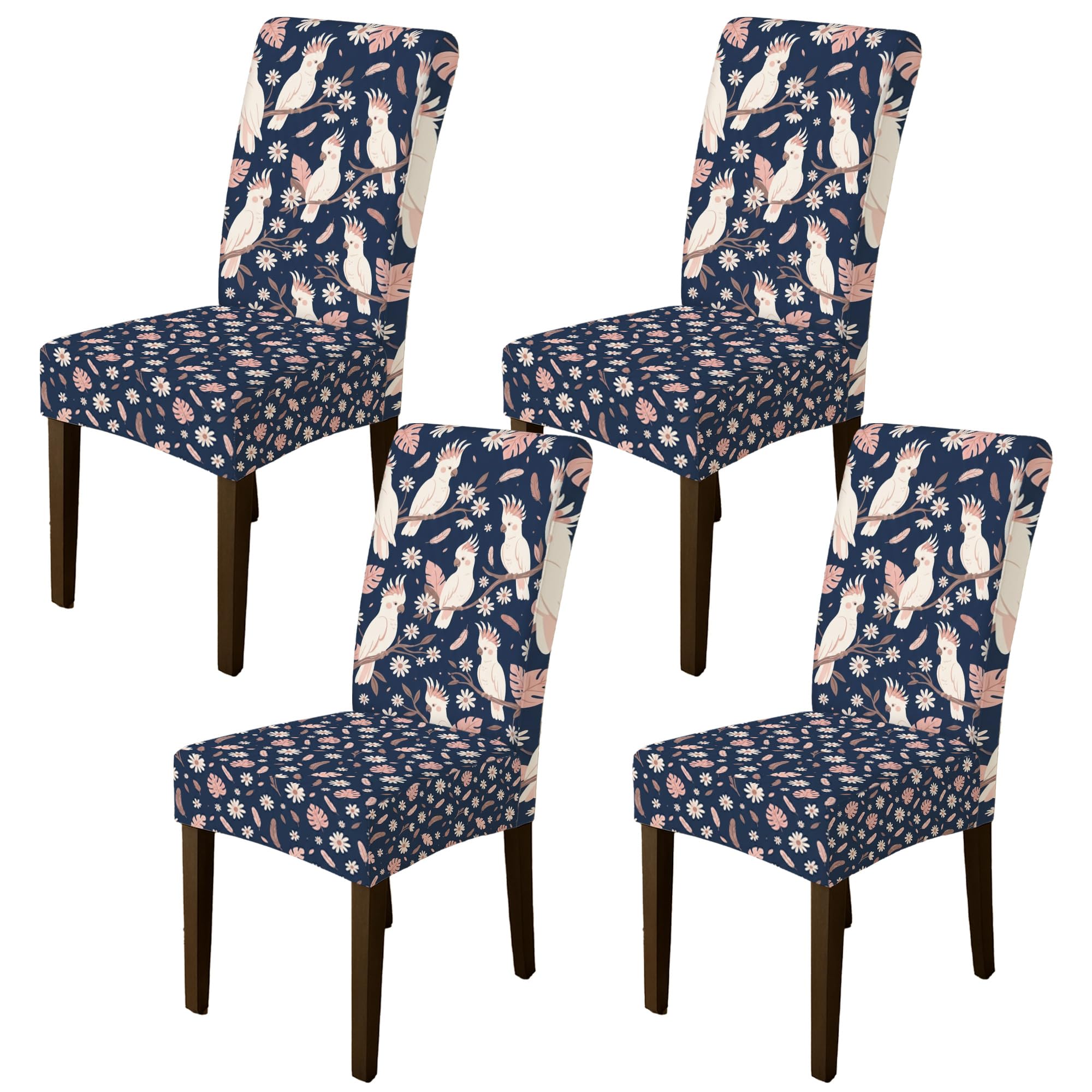 Housses de chaise de salle à manger motif oiseaux et fleurs lot de 4 en bleu marine