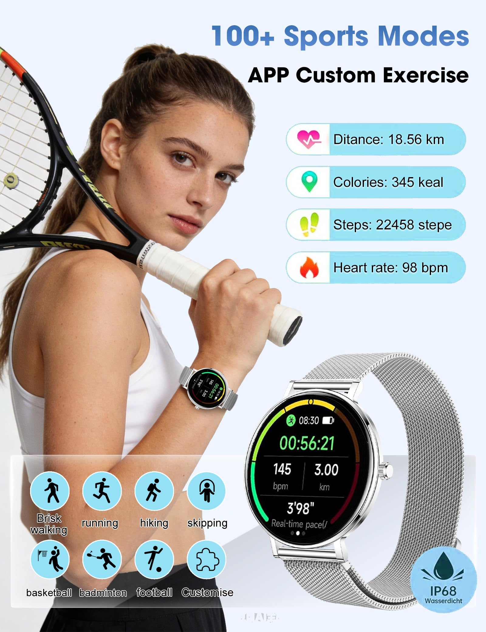 Smartwatch Donna Uomo,1.32" AMOLED Display Smart Watches,8mm Ultra Sottile,7 Giorni di Batteria,Chiamate BLE5.3,Frequenza Cardiaca,Sonno,Contapassi,IP68 Orologio Fitness per Android/iOS Argento