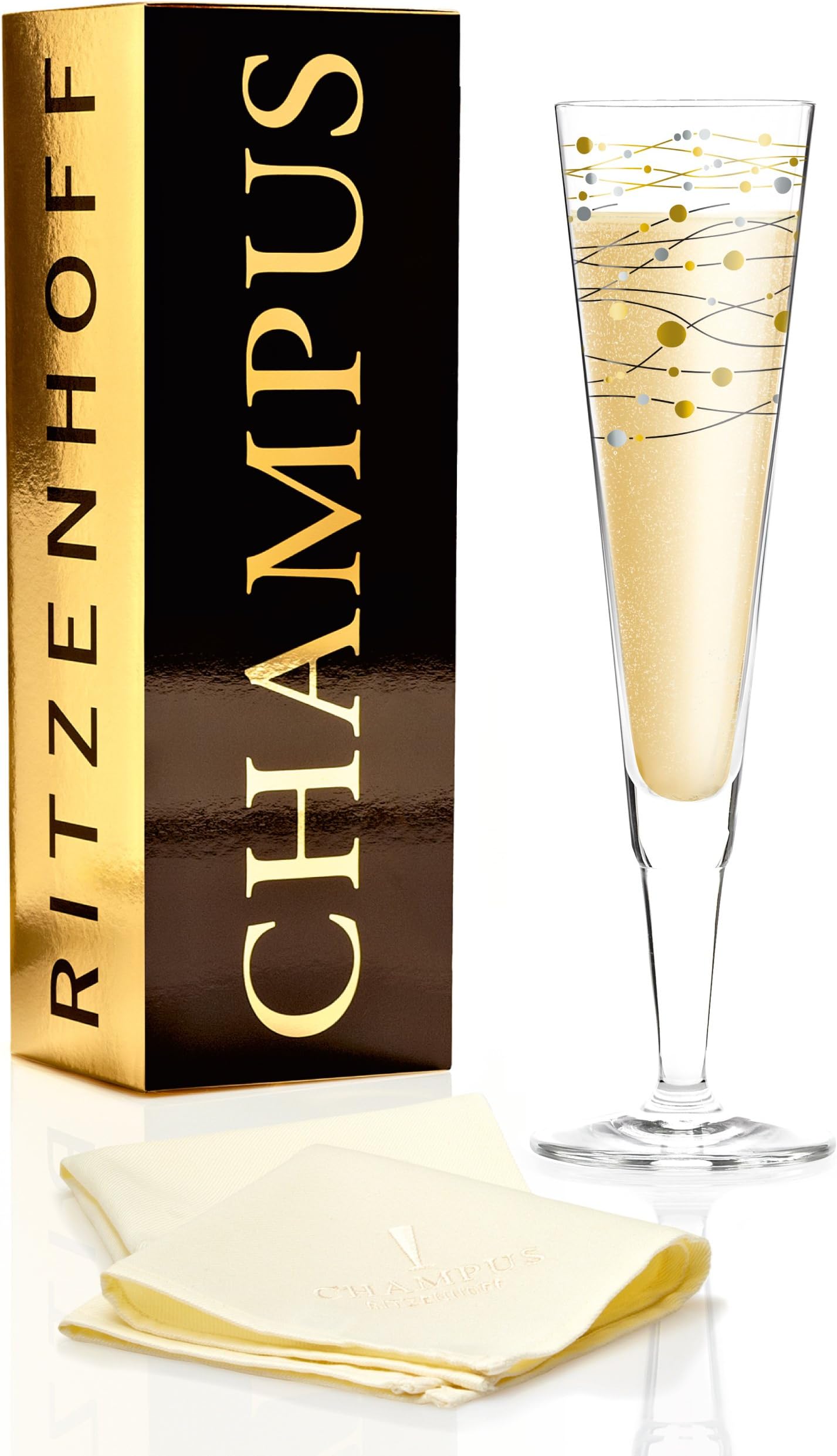 Ritzenhoff, Champus, Champagne Glass, by Virginia Romo, Made of Crystal, 200 ml, With Elegant Gold and Platinum Components, Including Fabric Napkin