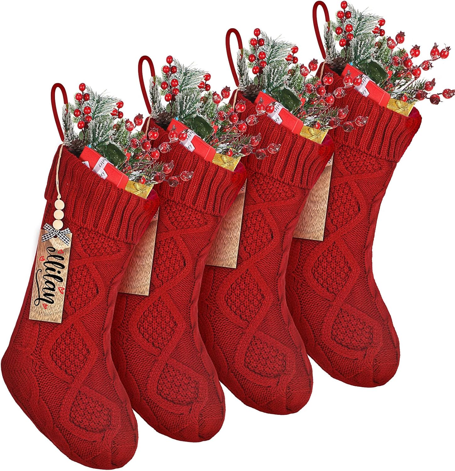 Cozypower 4 Pack Christmas Stockings with Name Tag, 18 Inch Large Cable Knitted Stockings Xmas Hanging Stocking Gift Bags for 2026 Fireplace Mantels Xmas Tree Decorations(Green)