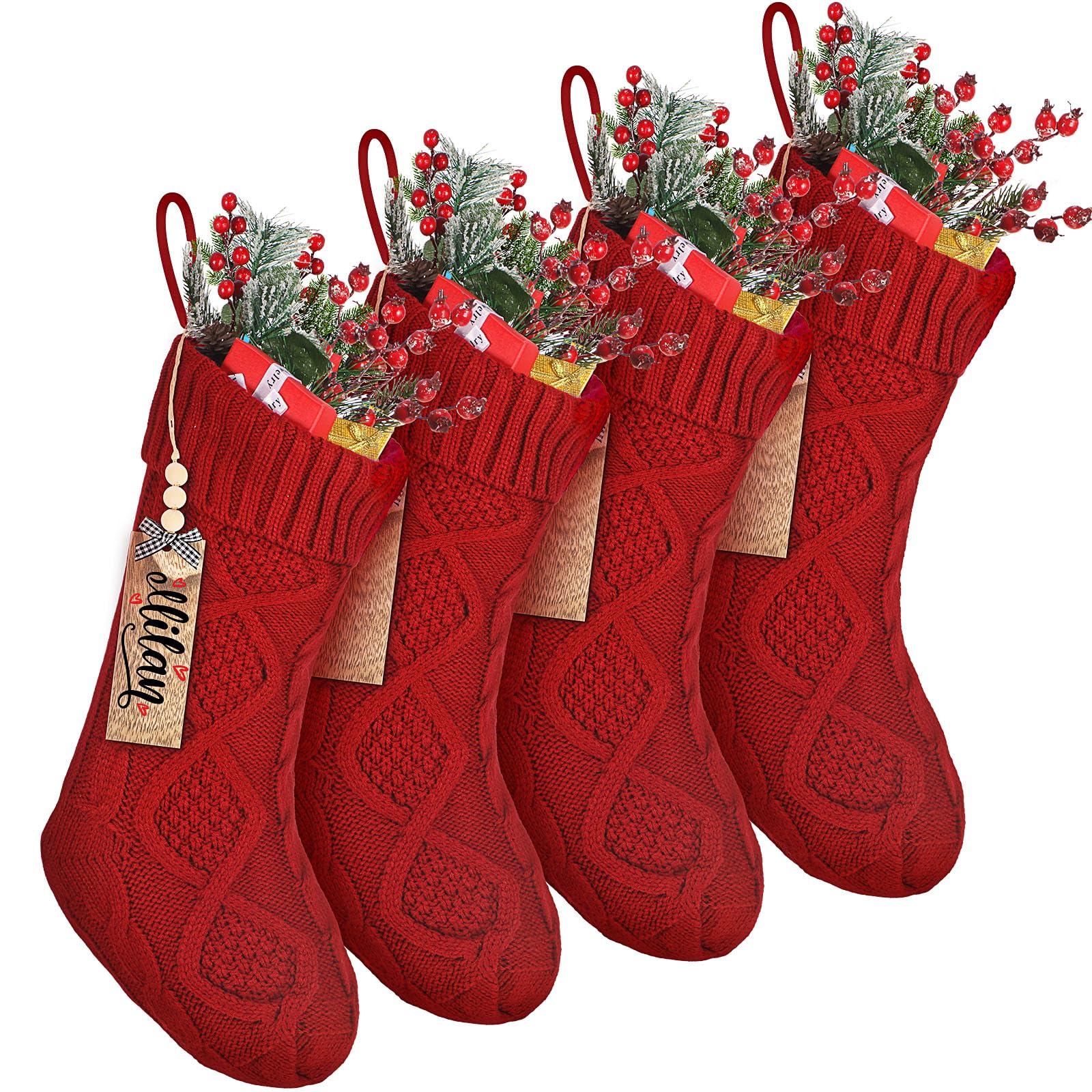 Cozypower Weihnachtsstrümpfe mit Namensschild, 45,7 cm, große Zopfstrickstrümpfe, Weihnachtsstrumpf, Kamin, hängende Strumpf, Geschenktüten für Kamin, Weihnachtsbaumschmuck, Rot, 4 Stück