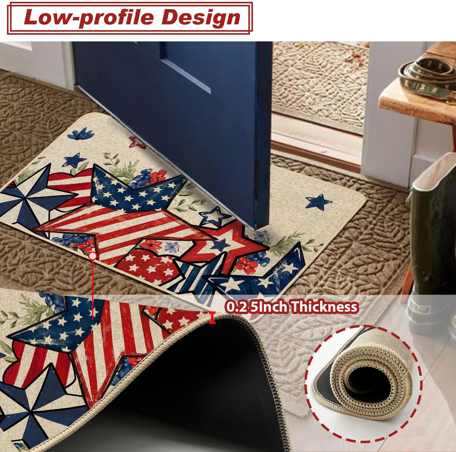 Baccessor Patriotic Kitchen Rugs Set of 2, Memorial Day 4th of July Independence Day Star Floral Kitchen Mats for Floor Low-Profile Holiday Home Decor 17x29 and 17x47 Inch