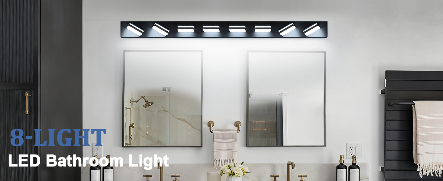 Image of Torondo 360 Rotate LED Bathroom Vanity Light Fixtures, Acrylic Vanity Lights for Bathroom, Modern Wall Lighting Fixtures Over Mirror Living, Matte Black, Natural White, 8-Light, 53-Inch