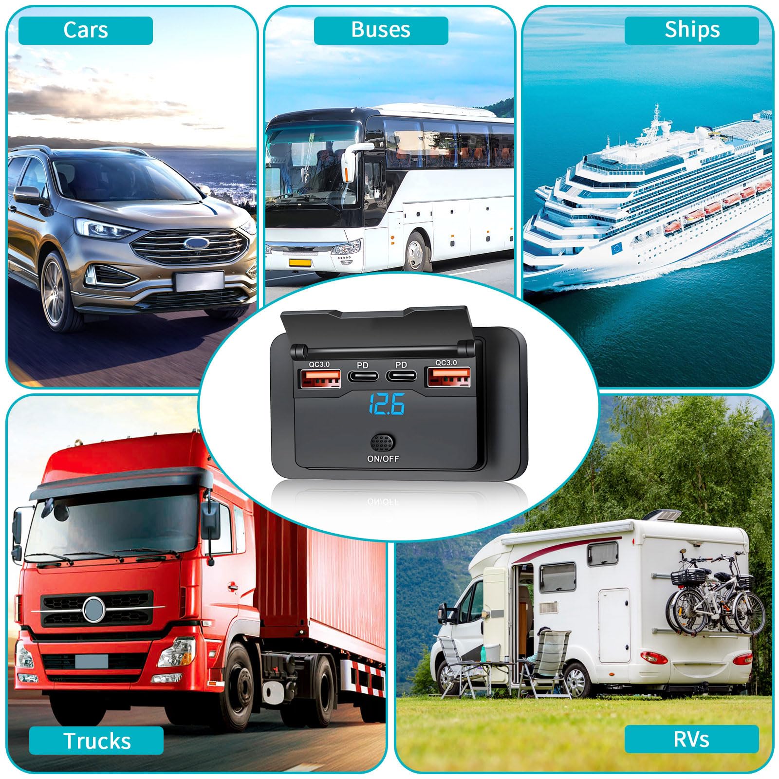 76W 4 Port Prise USB 12V Camping Car Encastrable Double 36W PD & Double 18W QC3.0 avec Interrupteur et Couvercle Etanche Prise Chargeur Voiture USB C Montage Surface pour Bus RV Camion Marine