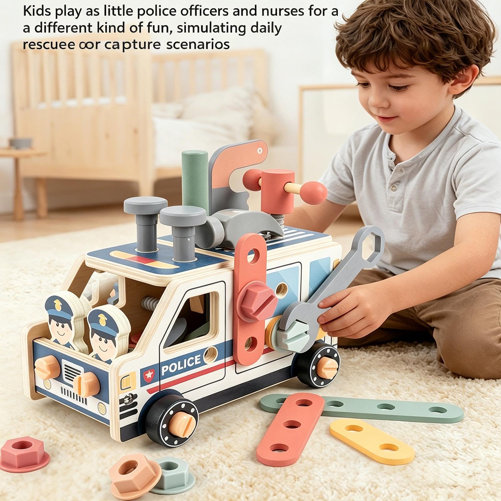 Werkzeugset für Kinder, Konstruktionsspielzeug, Geschenkset, Rollenspiel LKW, Lernwerkzeugset Aus Holz für Kinder, Polizeiwagen
