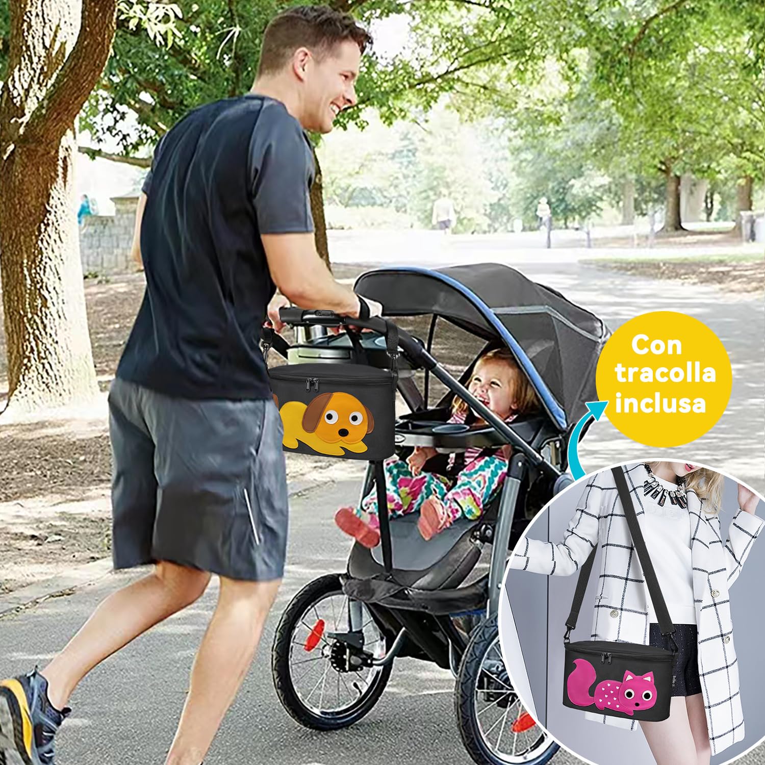 Bello it Borsa per Passeggino,Organizer per Passeggino o Carrozzina, Borsa da Passeggino Piccola Dei Animati Cartoni Design, Leggera e Capiente (Giraffa (Nero))