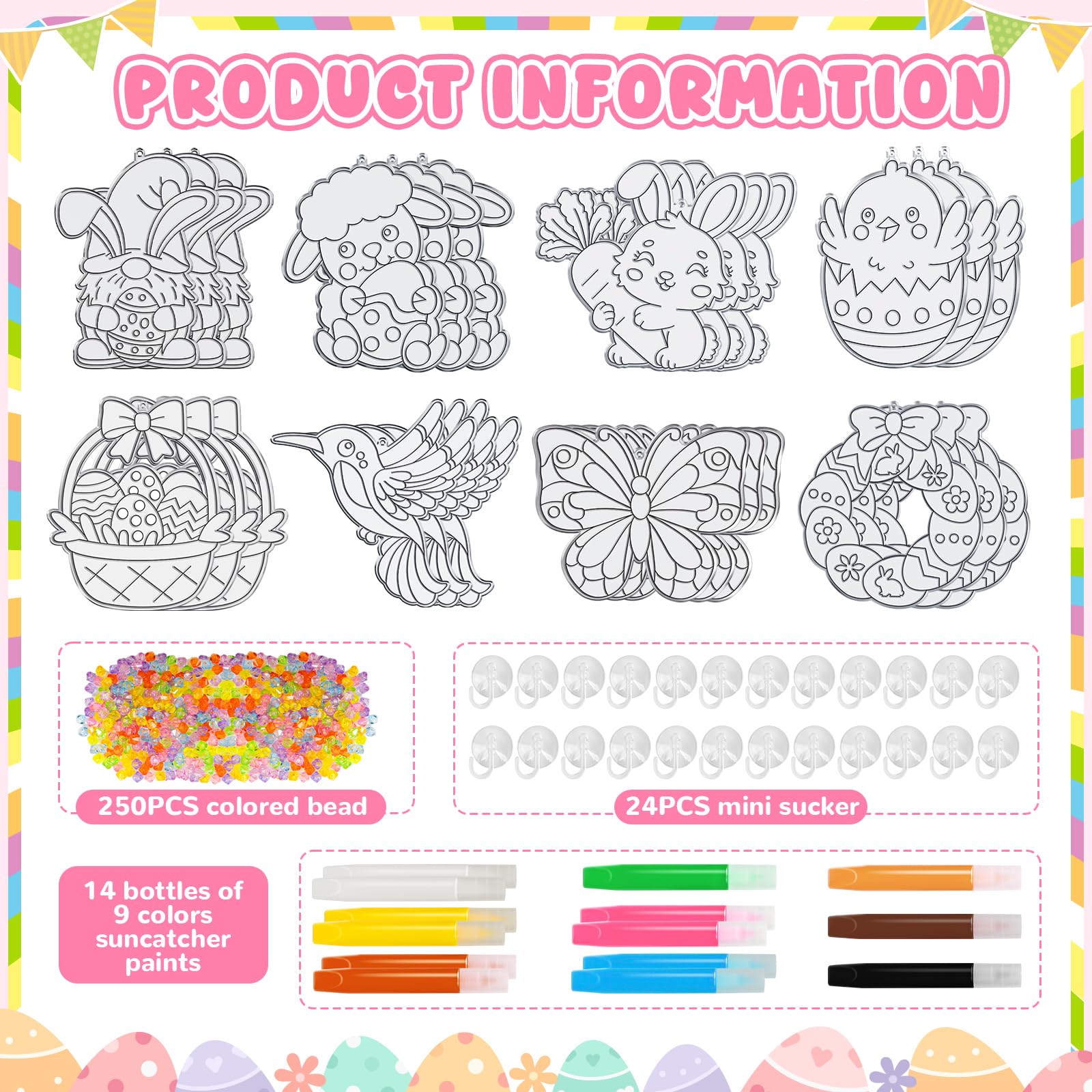 Kit de 24 Décorations Pâques à Suspendre, œufs Lapin Poulet Papillon Oiseaux à Peindre, Attrape-soleil Pendentif Fenêtre