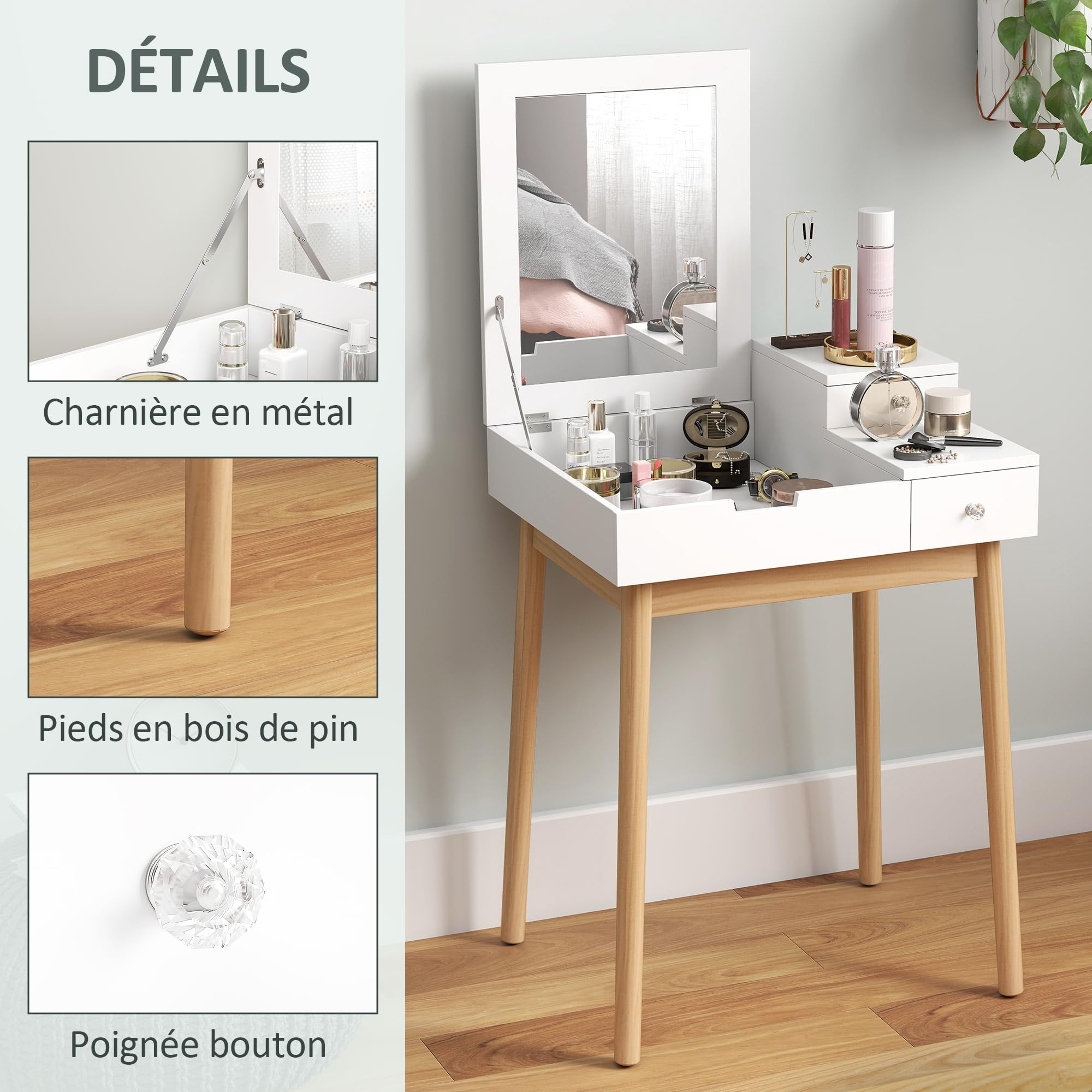 HOMCOM Coiffeuse avec Miroir Table de Maquillage Style Moderne - 2 tiroirs, Miroir Rabattable pour Chambre à Coucher, Salon, 60 x 50 x 85,5 cm Blanc
