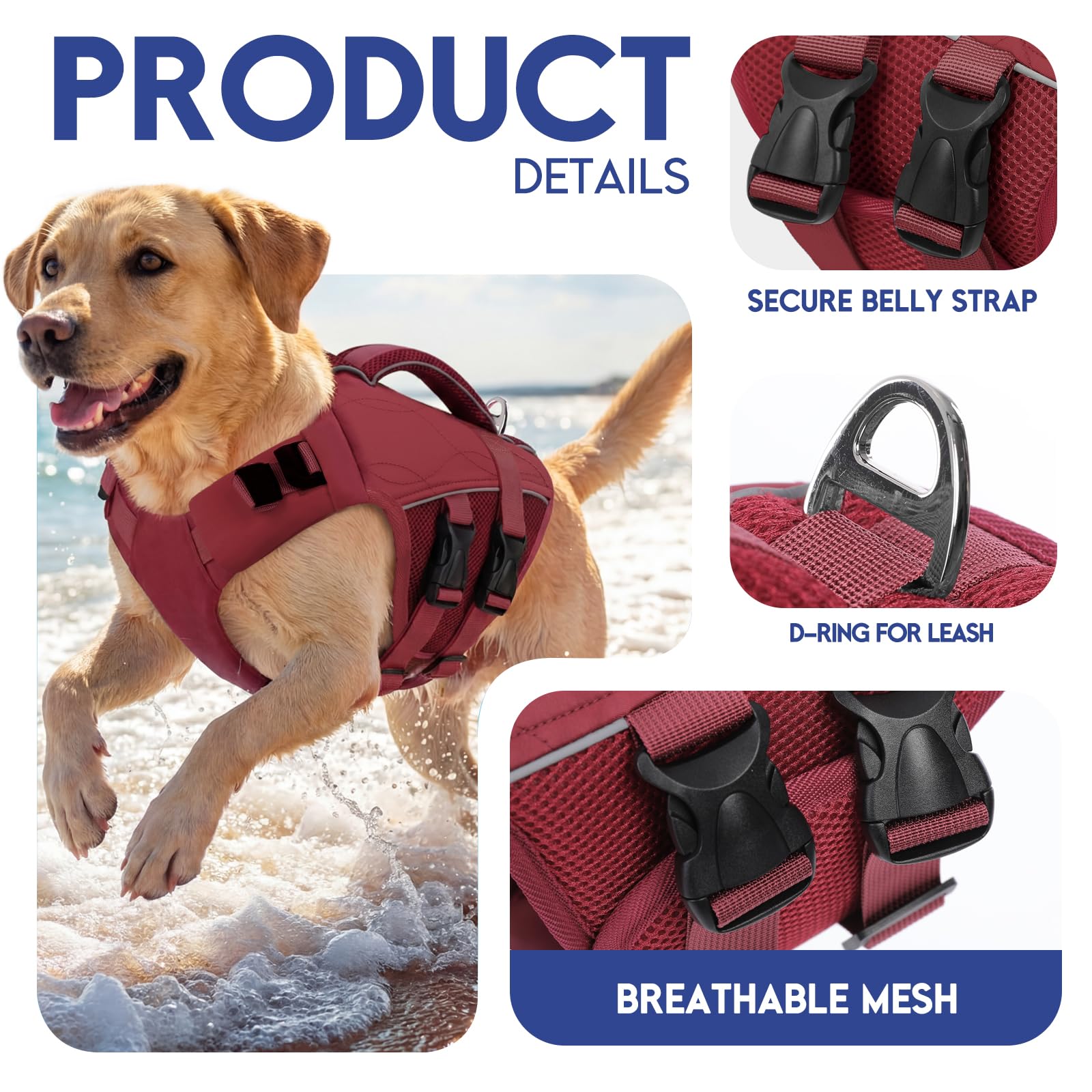 ASENKU Chaleco Salvavidas para Perros con Asa de Rescate, Cinturón Reflectante y Anilla D - Arnés Flotante con Panel Ventilado de Malla en el Vientre para Natación, Paseo en Barco, Seguridad en Agua