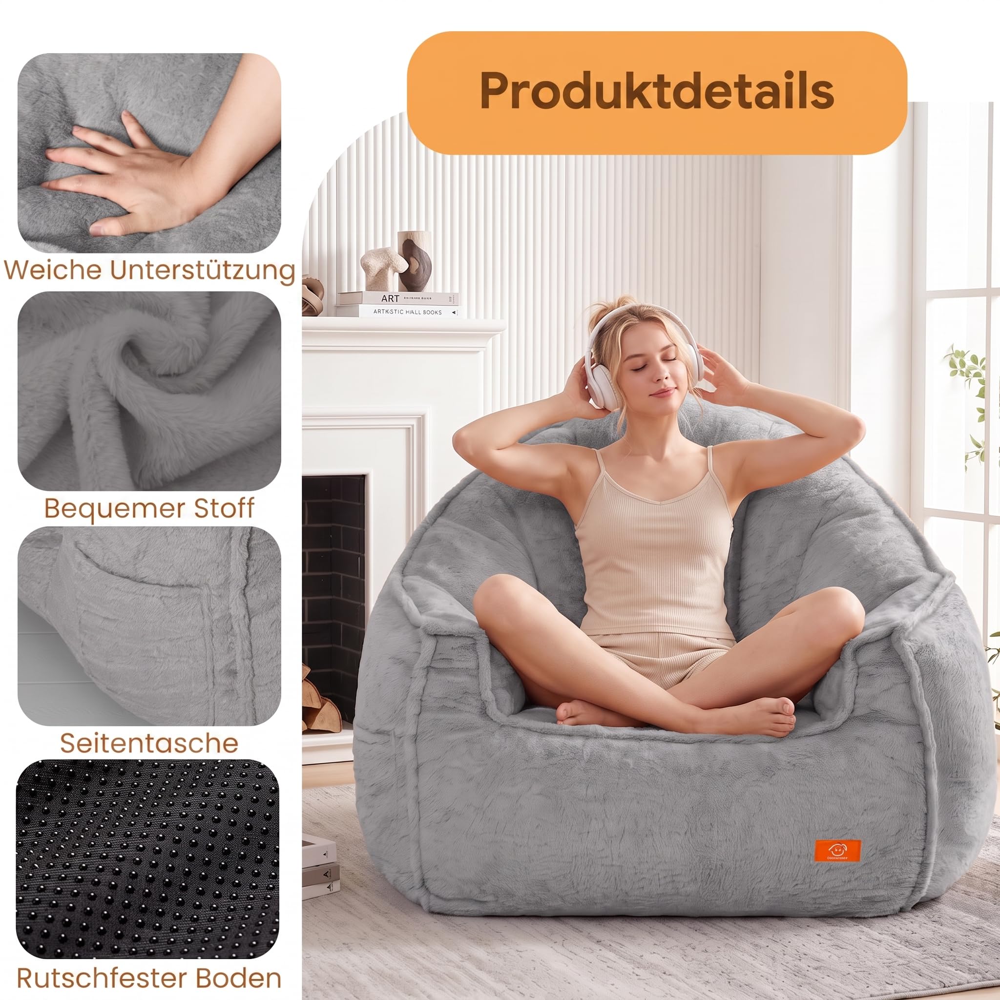 MeMoreCool XXL Sitzsack für Erwachsene, Muschelform Bean Bag Chair Grau