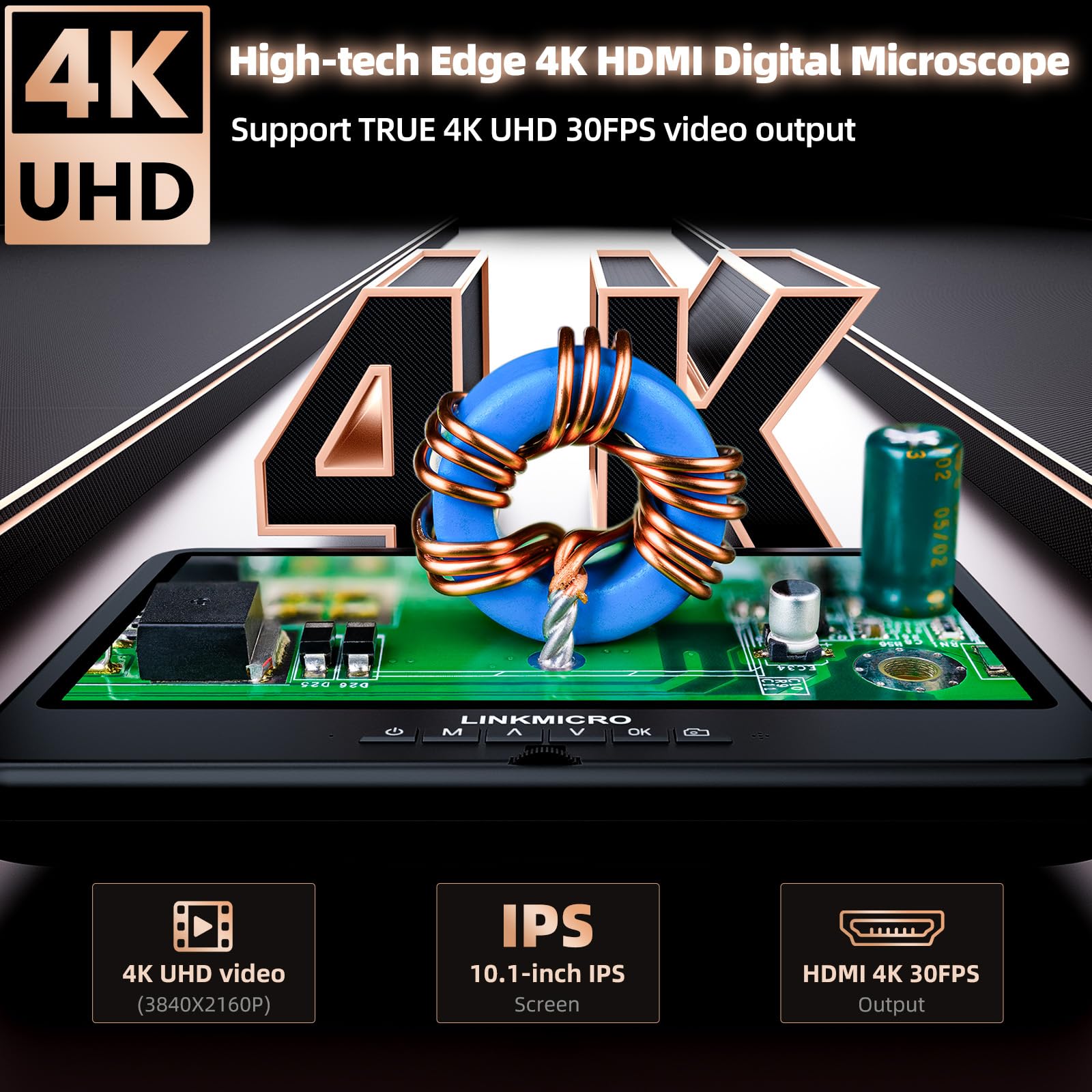 Microscopio digitale 4K 30FPS HDMI 10.1 '' con schermo per riparazione elettronica, LM208S-A 4K fotocamera microscopio saldatura 1500X con supporto braccio flessibile, monete Full View