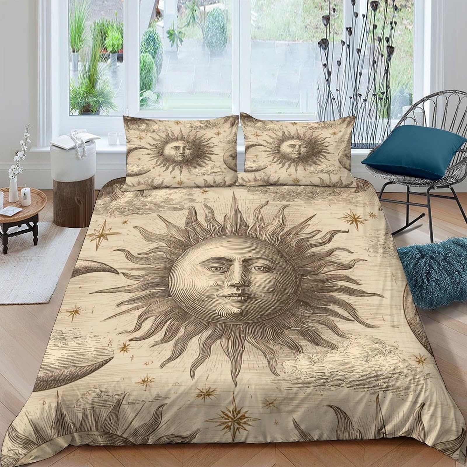 Ctjqhvkz Style-5 3D Printed Vintage Sun Fitted Sheet Microfiber Soft Breathable Celestial Moon Mattress Cover Bedroom Decor Single（135X200cm）