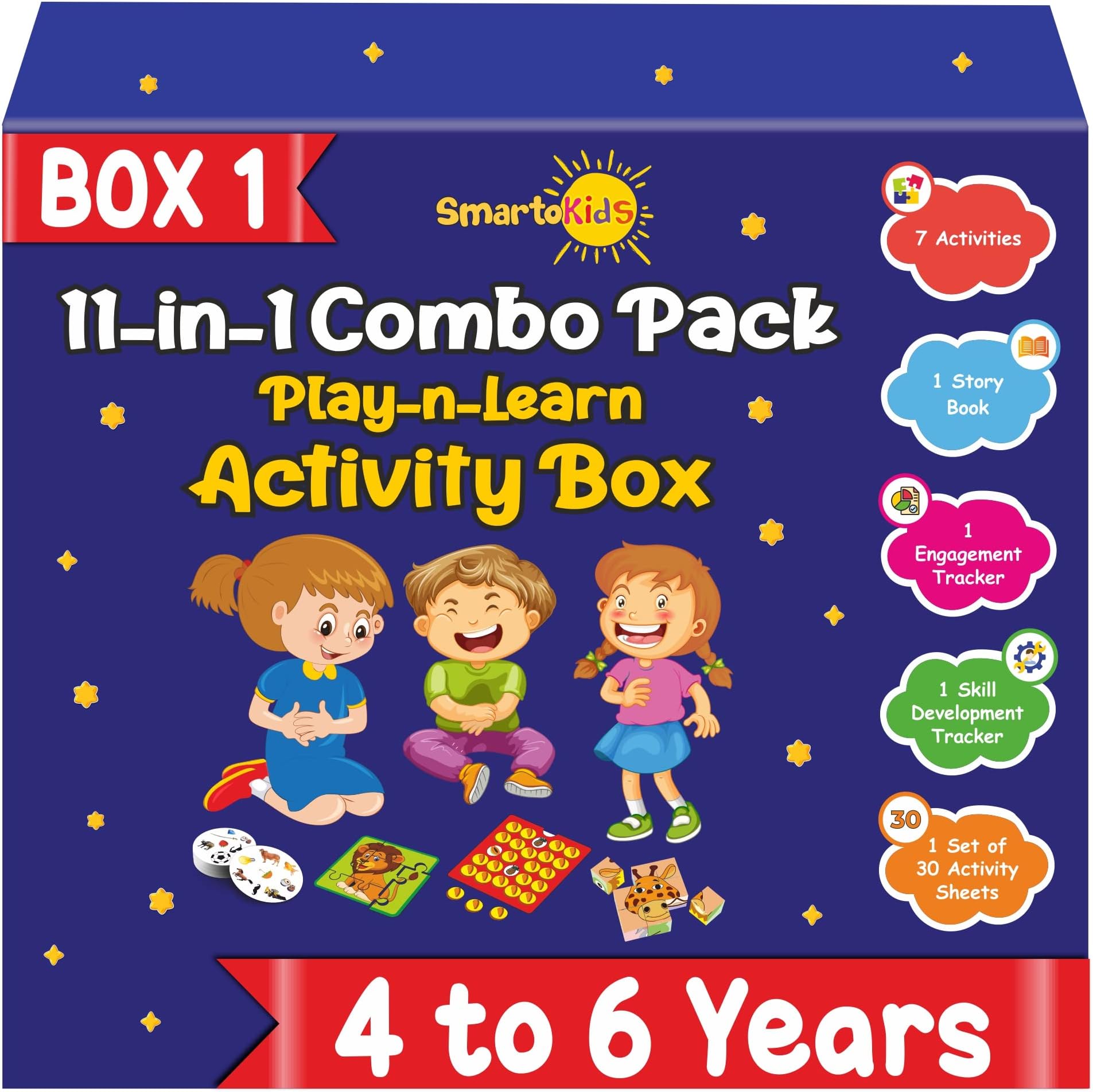 SmartoKids Activity Box for 4, 5 & 6 Year Old Baby Boys & Girls (11-in-1 Set) – Learning & Educational Gift Pack of Play-Based Explorer Toys, Puzzles, Board Games and Books with Indian Values