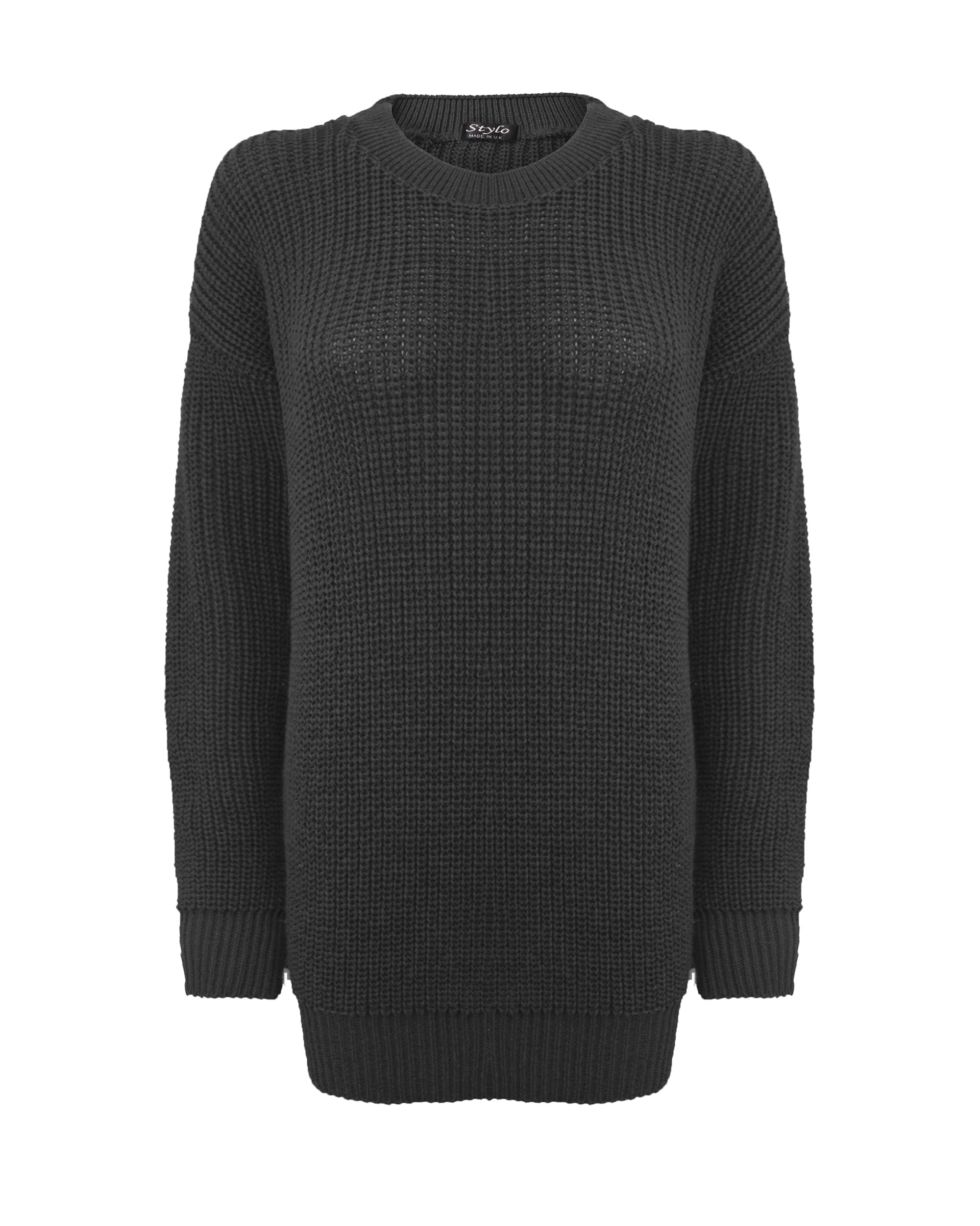 Top Vendor Women's Black Knitted Long Sleeves Crew Neck Over Sized Baggy Jumper Chunky Knit Sweater Top Long Sleeves[,3Xl]
