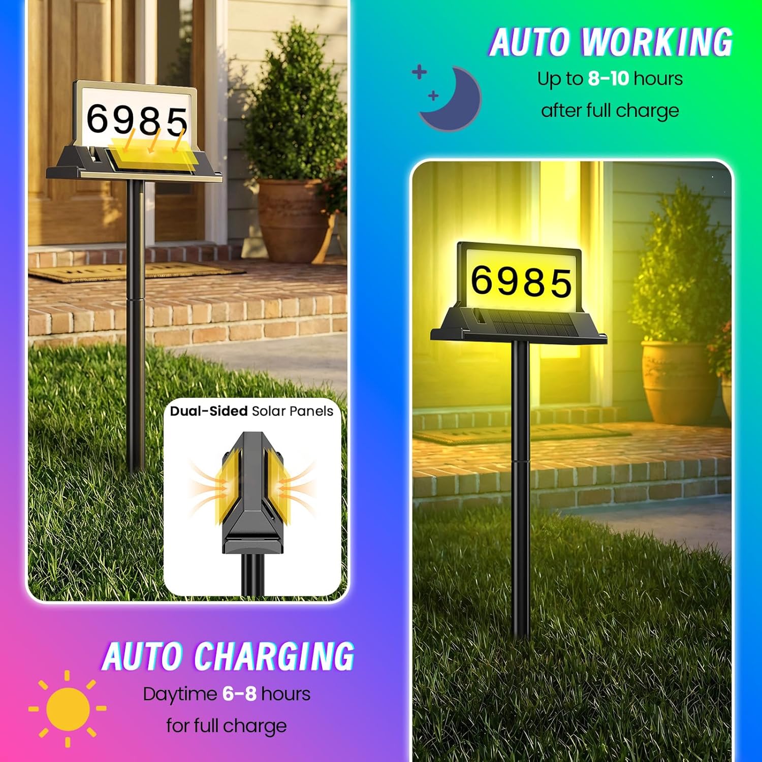 Solar Address Sign for House Numbers – Dual-Sided LED & Dual-Sided Solar Panels, 8 Color Modes, IP65 Waterproof Address Plaque, Strong Magnetic/Stake/Wall Mount, Dusk-to-Dawn for Mailbox Yard Driveway
