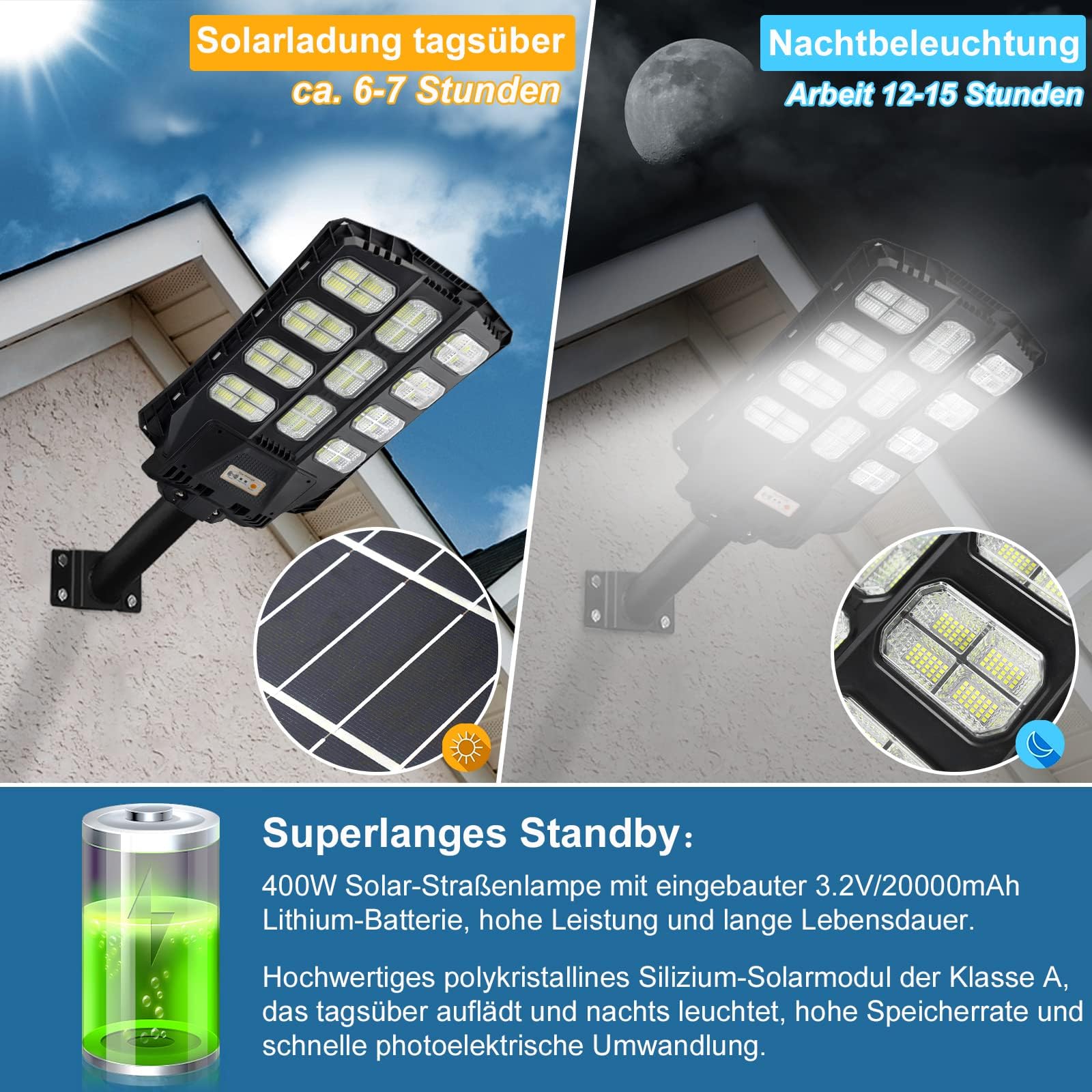UISEBRT Lampada da strada a LED solare da 400 W, con telecomando, per esterni, lampada da strada, solare con sensore di movimento, IP65, impermeabile, luce solare per esterni, luce bianca fredda