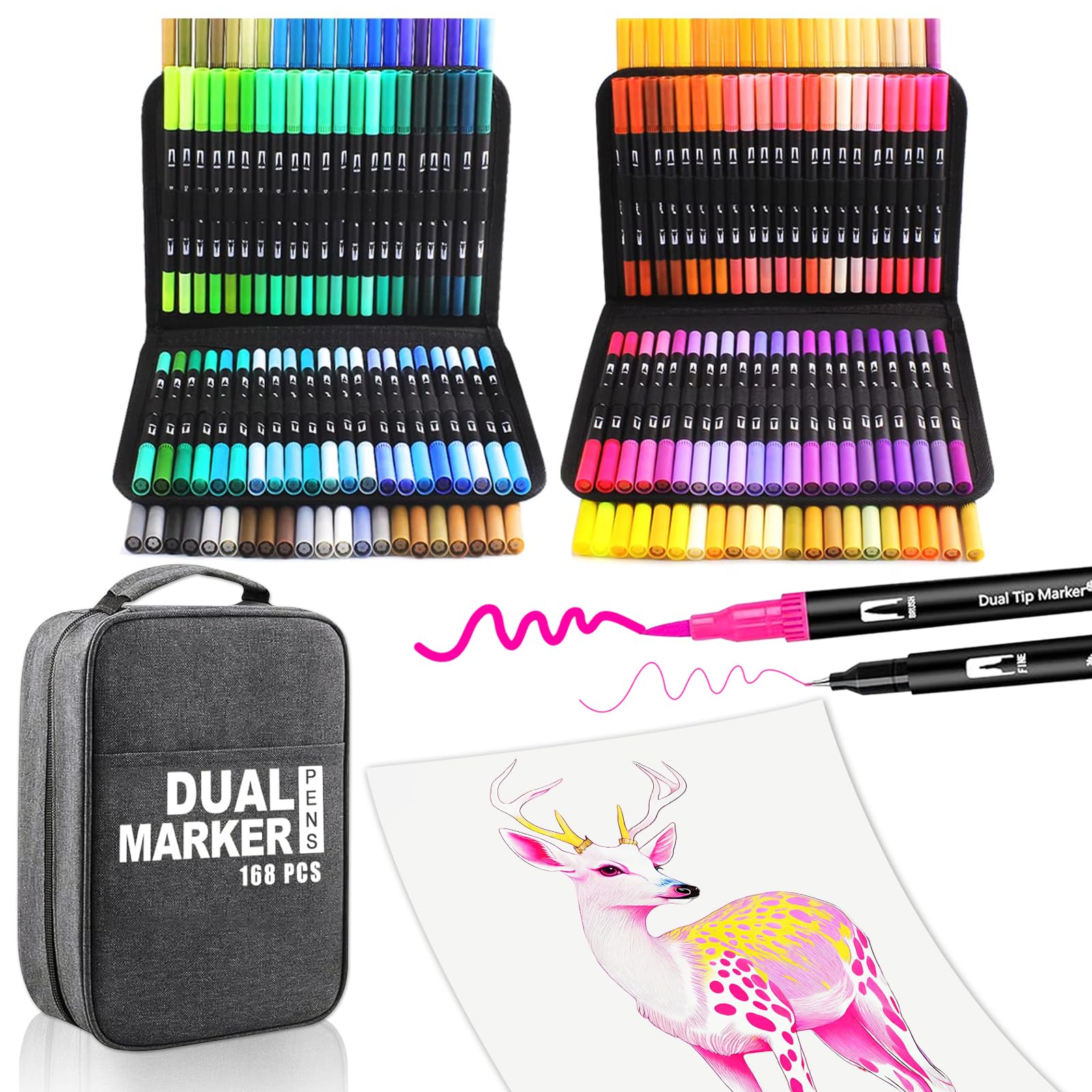 Rotuladores Lettering 168 Colores, Rotuladores Alcohol Punta Pincel, Doble Punta Fina, Kit para Niños y Adultos, Mandalas, Graffiti, Caligrafía, Dibujar, Acuarelables Profesionales