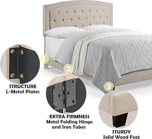 Miniatura 3 de Rosevera Gabriel - Cama de plataforma con cabecero ajustable y relleno de botón tamaño King lino beige