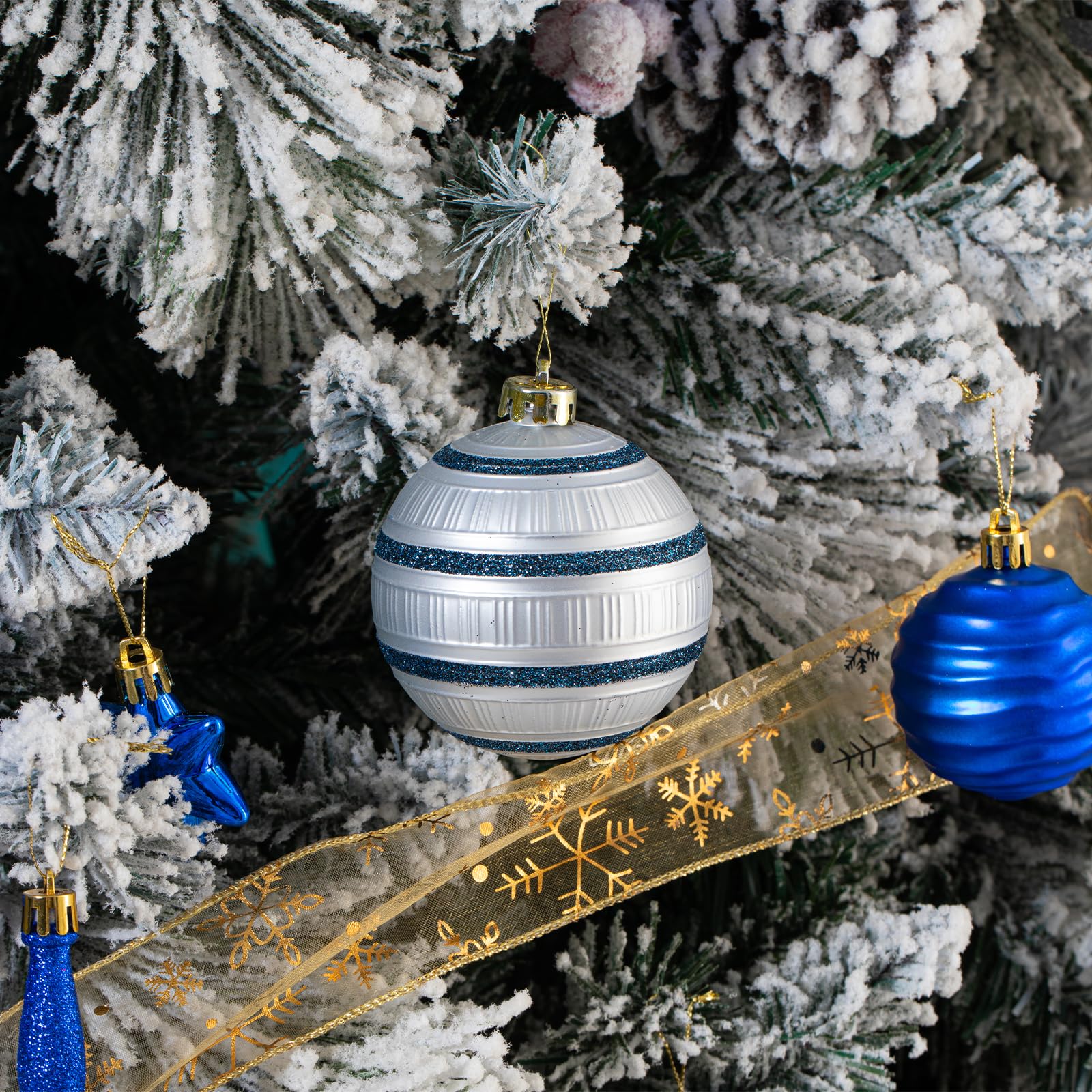 Juego de 150 adornos de bolas de Navidad, bolas de Navidad inastillables, colgantes surtidos para árbol de Navidad, fiestas, vacaciones, decoración del hogar (azul y plateado)