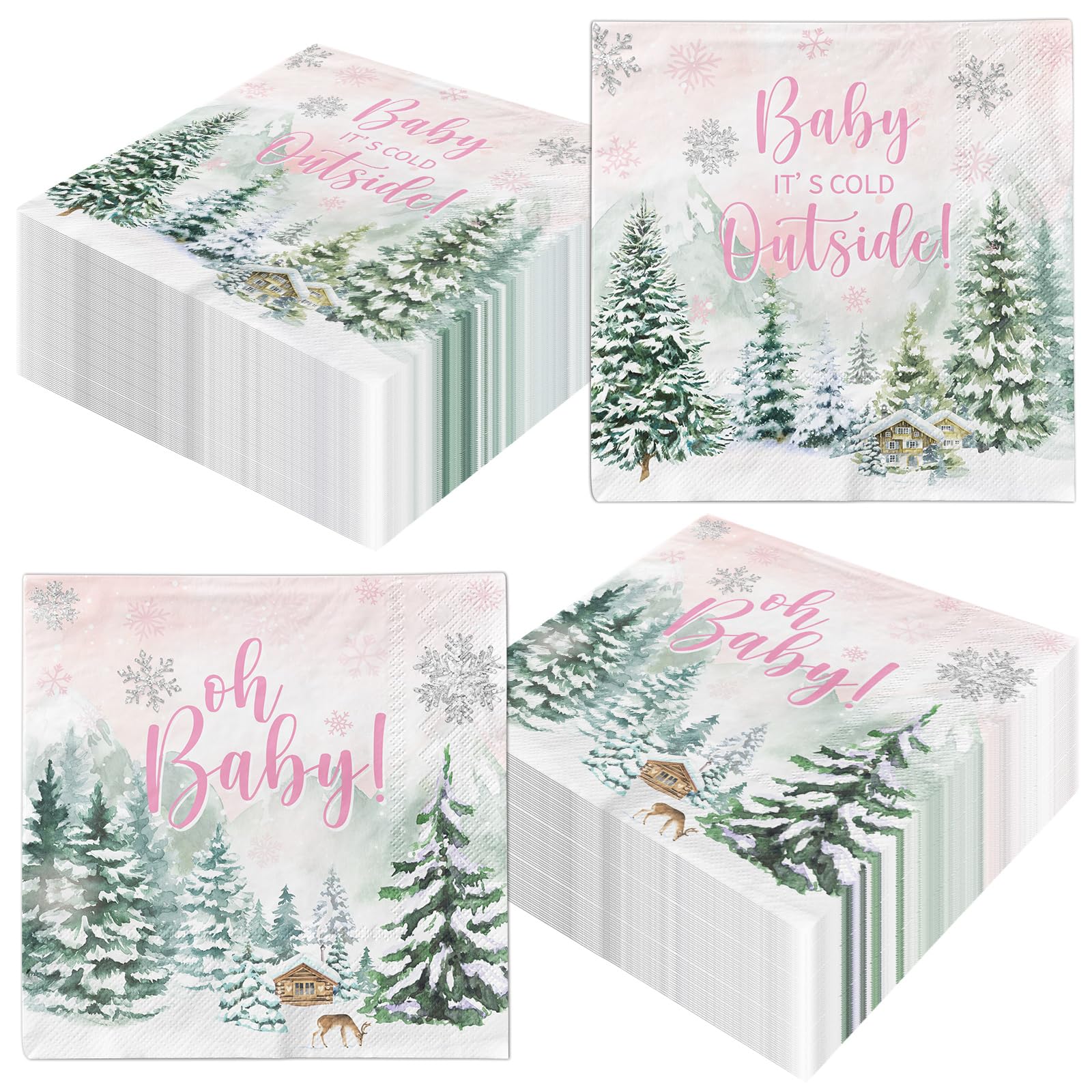 Dydamud Baby Girl Shower Napkins - Winter Woodland Disposable Dinner Napkins for Home Kitchen, Christmas, Birthday Parties