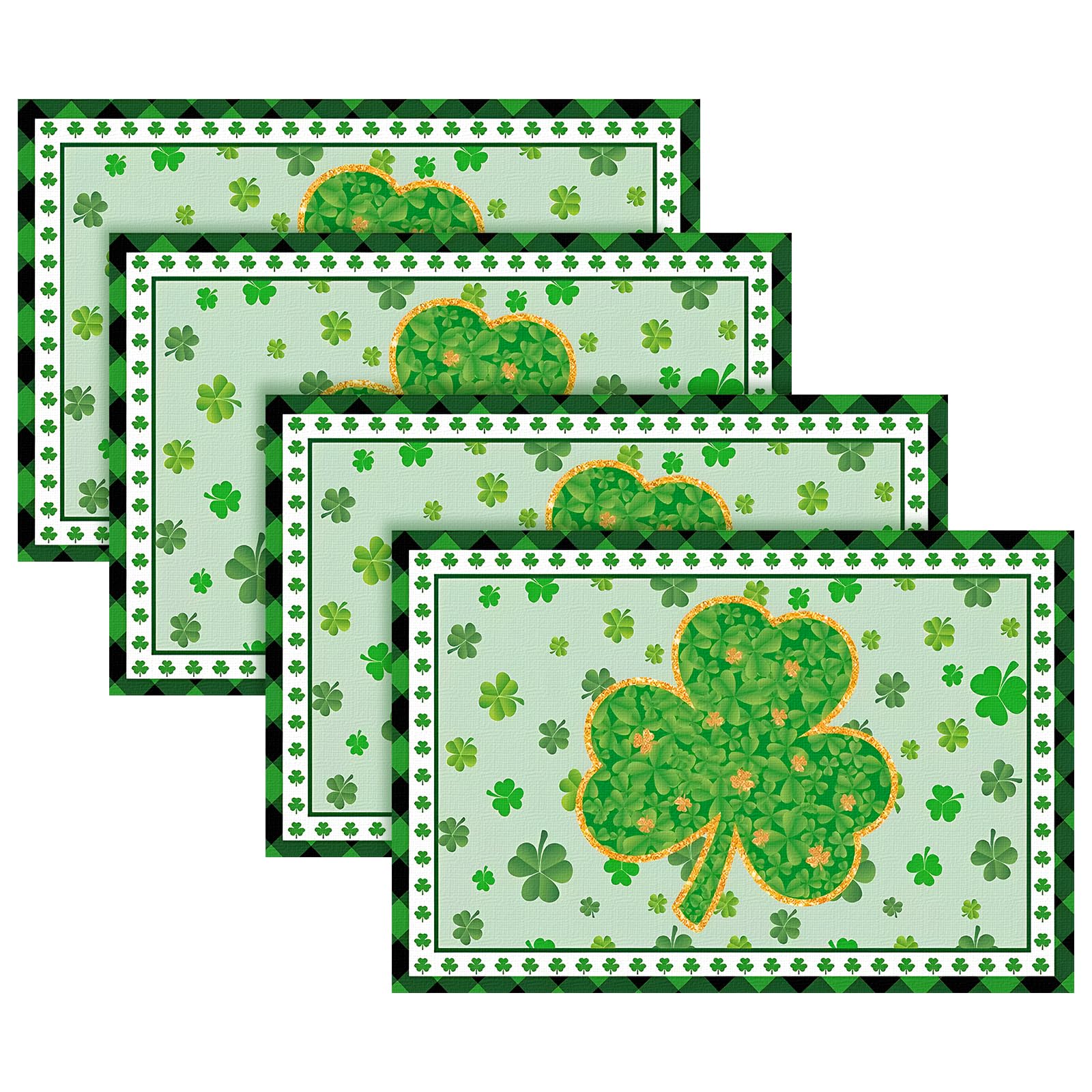 4PCS Buffalo Plaid Shamrock St. Patrick's Day Placemats, 12 x 18" Green Spring Linen Place Mats Washable, Lucky Shamrock Dining Table Mats for St. Patrick Theme Party Kitchen Table Home Decoration