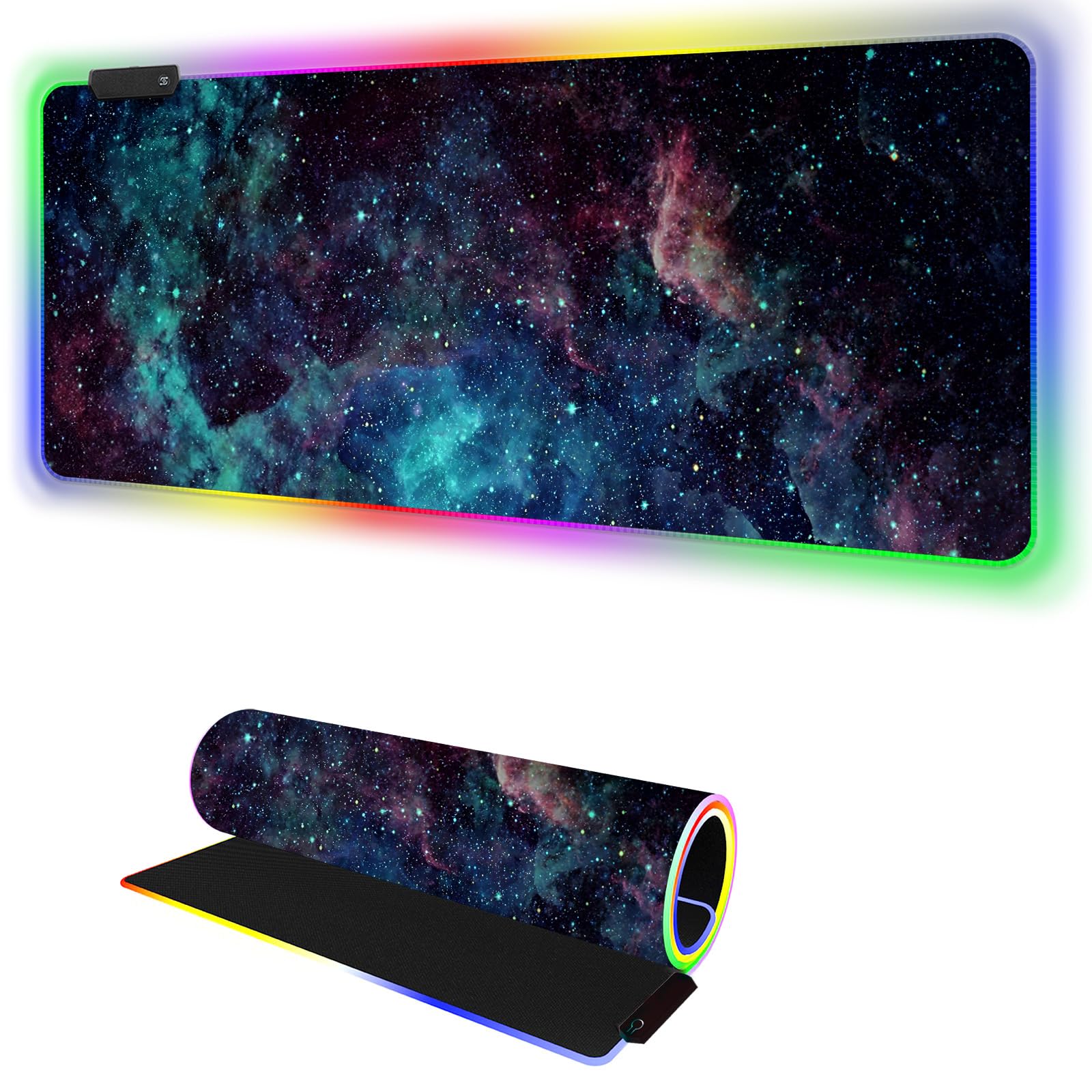 Tapis de souris RVB LED I 80 x 30 cm Grand tapis de souris surdimensionné 14 modes d'éclairage LED Base en caoutchouc antidérapante Tapis de clavier imperméable pour jeux sur PC Nébuleuse stellaire