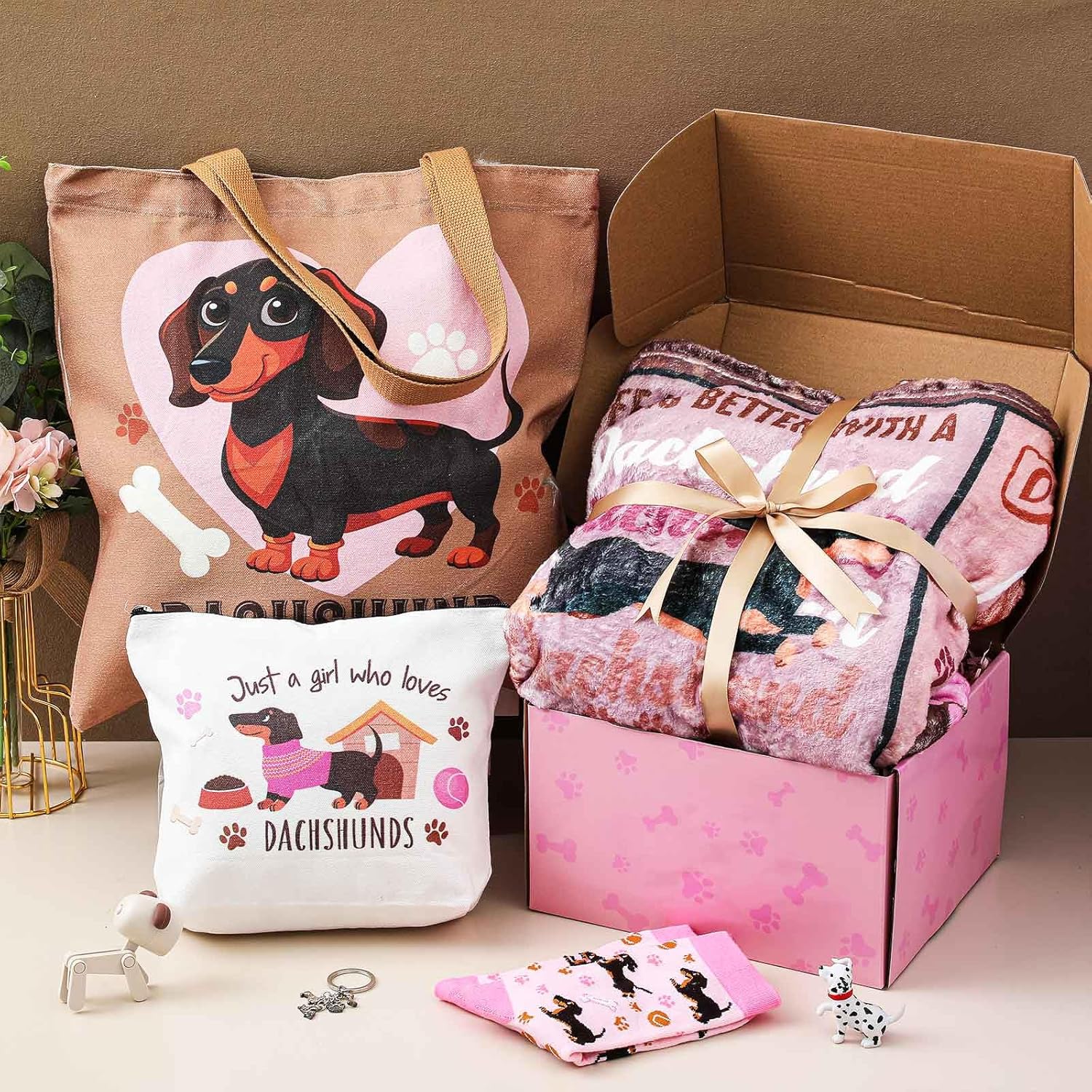 Paterr 6 Pcs Dachshund Lover Gifts for Women, Weiner Dog Gifts Canvas Tote Bag Makeup Bag Print Blanket Socks 16oz Glass Coffee Cup with Straw Cute Keychain for Mother's Day Birthday Girls Daughters - Image 4