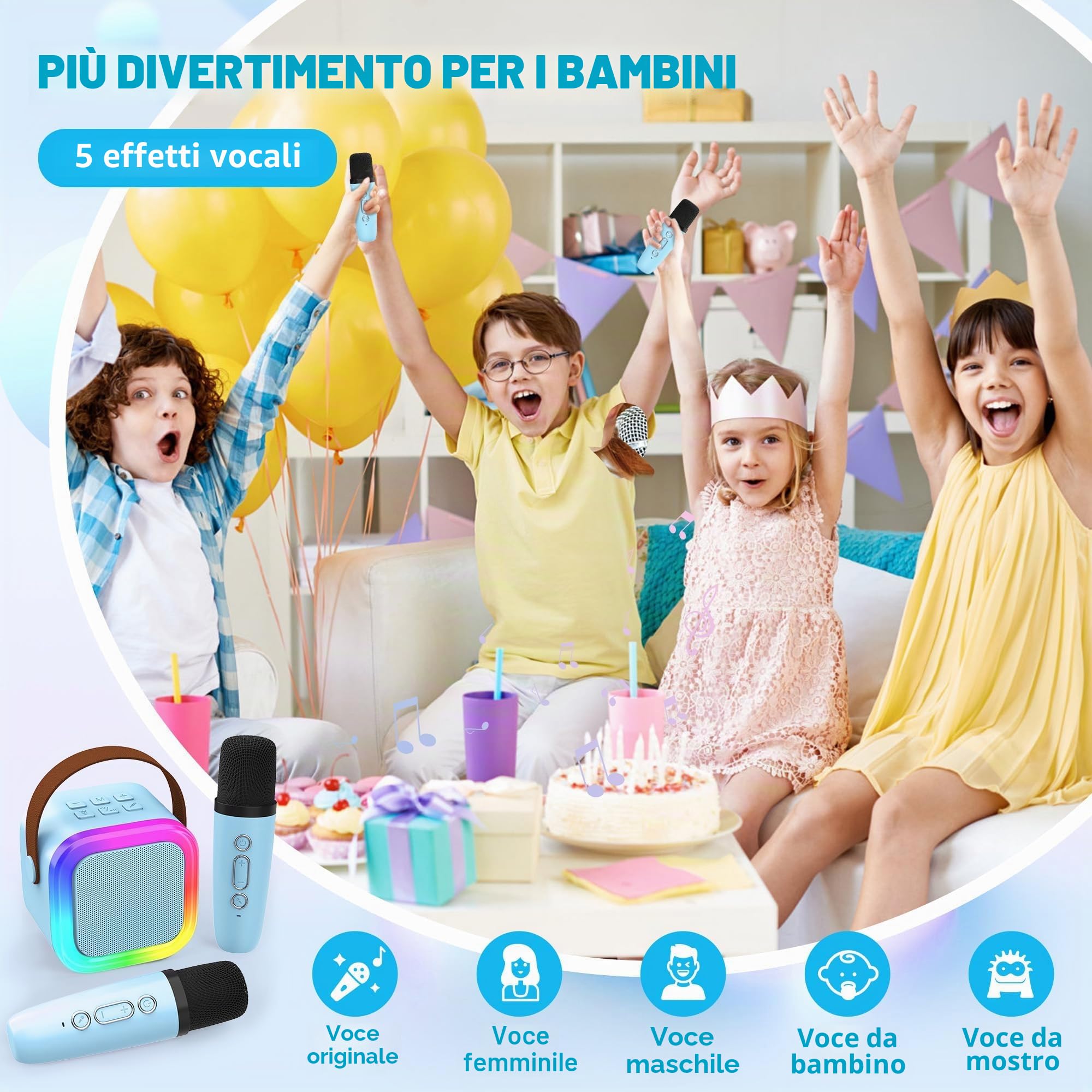 Mini macchina per karaoke per bambini e adulti, altoparlante Bluetooth portatile con 2 microfoni wireless, giocattoli regalo di compleanno per ragazze dai 4, 5, 6, 7, 8, 9, 10 + feste in