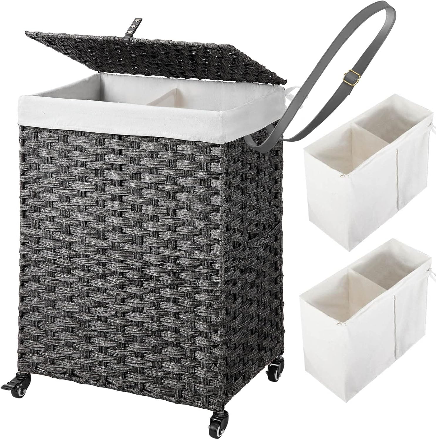 GREENSTELL Laundry Hamper with Wheels, No Install Needed, 90L Divided Handwoven