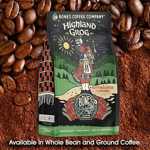 Miniatura 4 de Bones Coffee Company Highland Grog, café con sabor a caramelo Butterscotch, granos de arábica de tostado medio bajo en ácido, compatible con