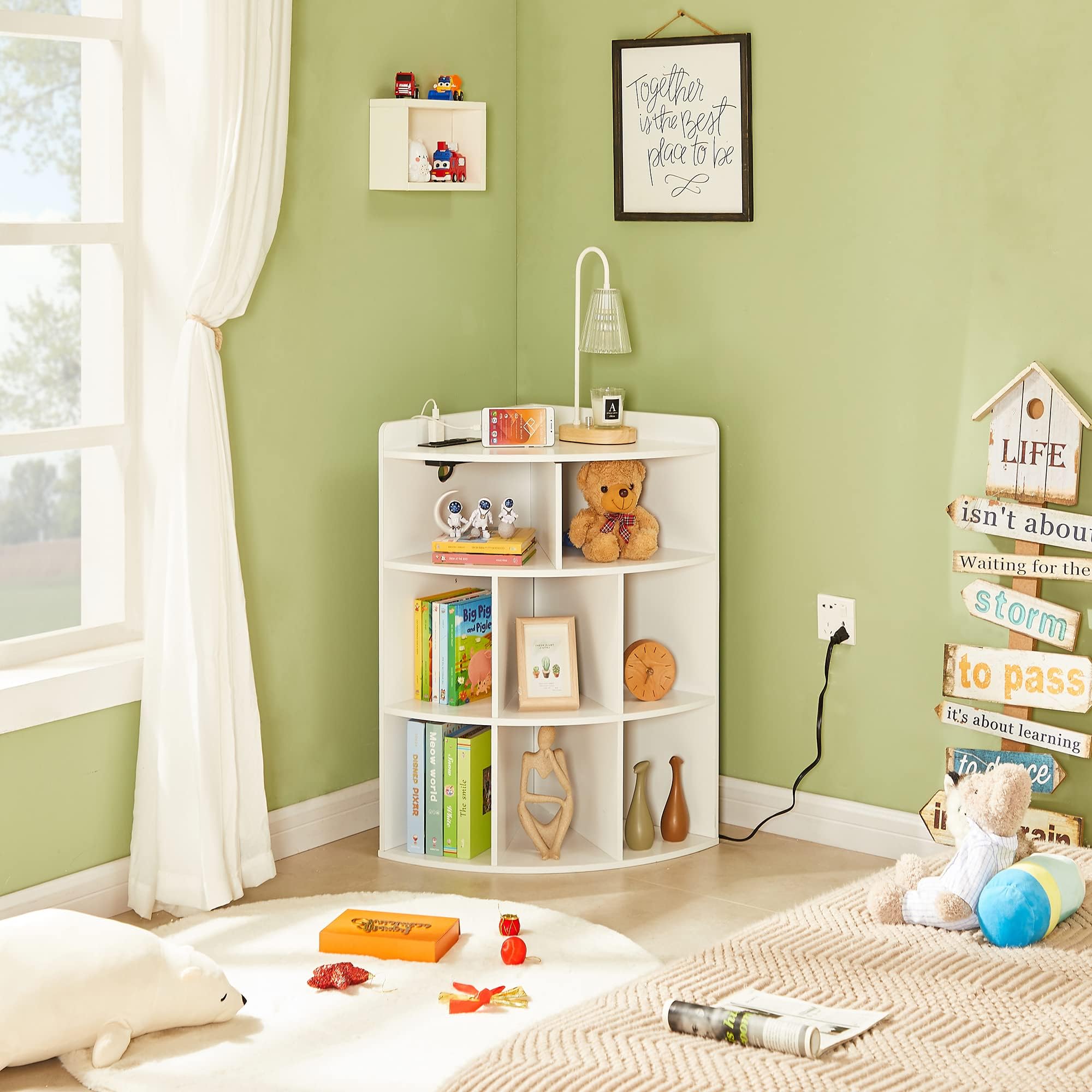 VECELO Armadio angolare con stazione Charing, organizer a 3 livelli con porte USB e prese USB, librerie a triangolo con 8 cubi per sala giochi, camera da letto, soggiorno, bianco perla