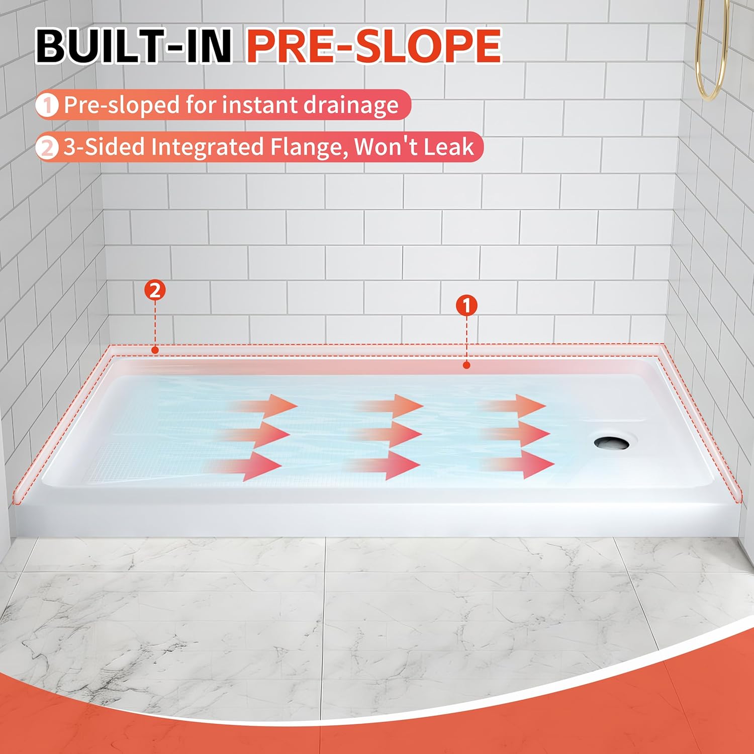 CKB 60 in x 30 in Shower Pan with Right Drain, Single Threshold, Acrylic Fiberglass Alcove Shower Base, Slip-Resistant and Waterproof, White