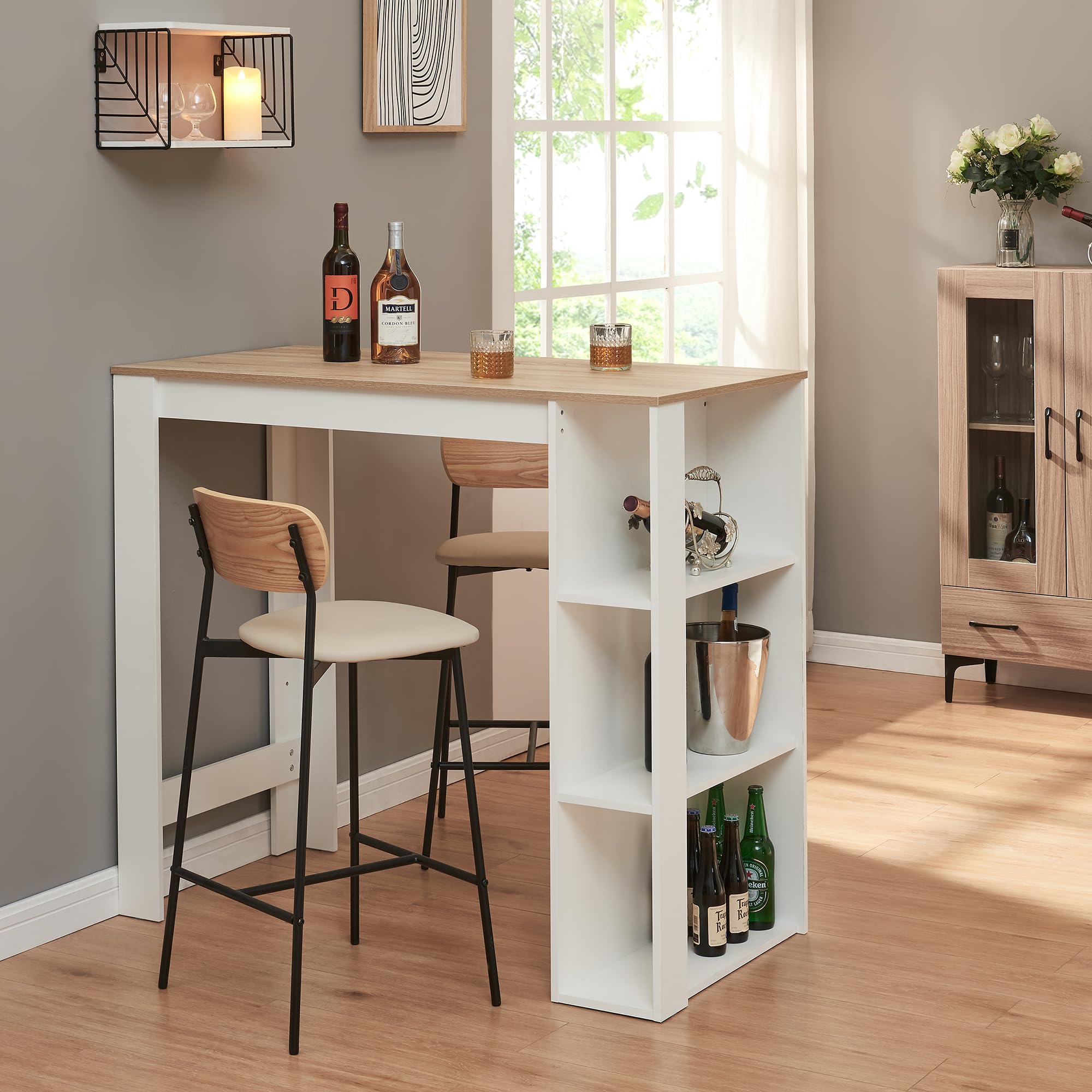 [en.casa] Mesa Alta Cocina Danderyd Mesa de Bar Moderna con 3 Estantes Laterales para Comedor Oficina en Casa Aglomerado 120 x 60 x 106 cm - Blanco/Efecto Roble