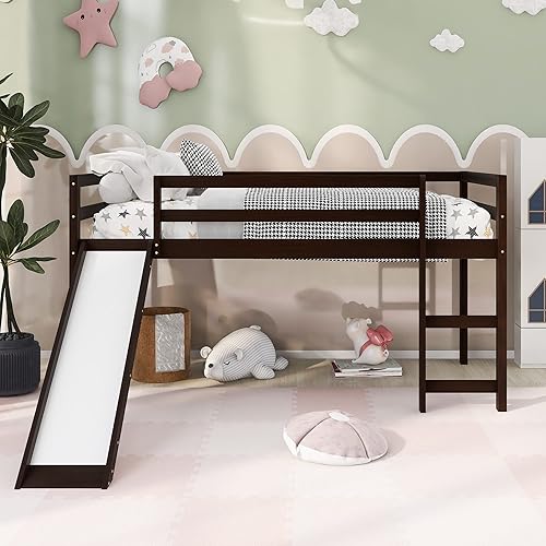 Harper & Bright Designs Cama alta baja para niños con tobogán, marco de cama de madera de tamaño individual, color espresso