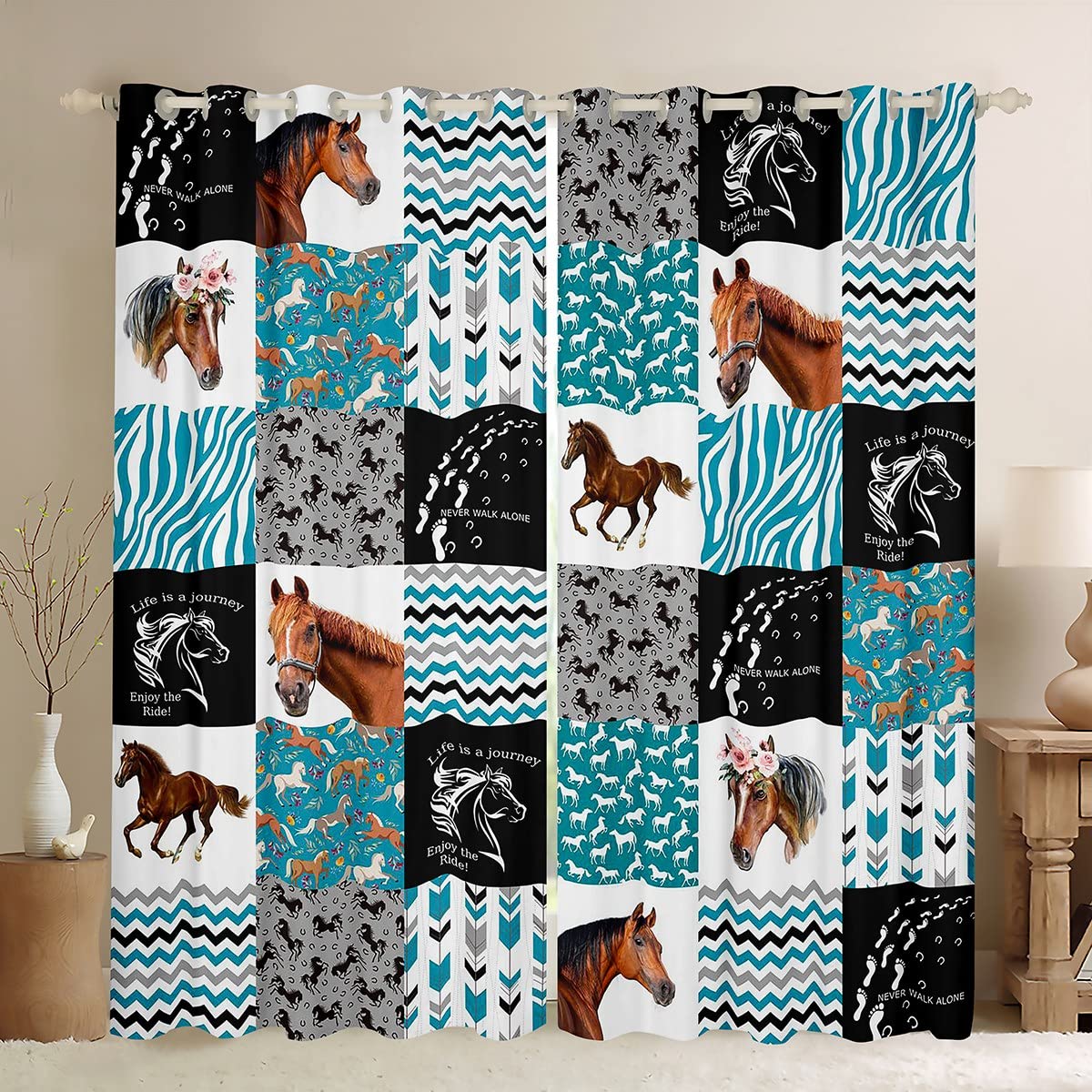 Loussiesd Horse Darkening Curtain Girls Floral Horse Curtain for Kids Women Buffalo Check Geometric Farmhorse Blackout CurtainBlue Wild Animal W52*L63 Window Drapes