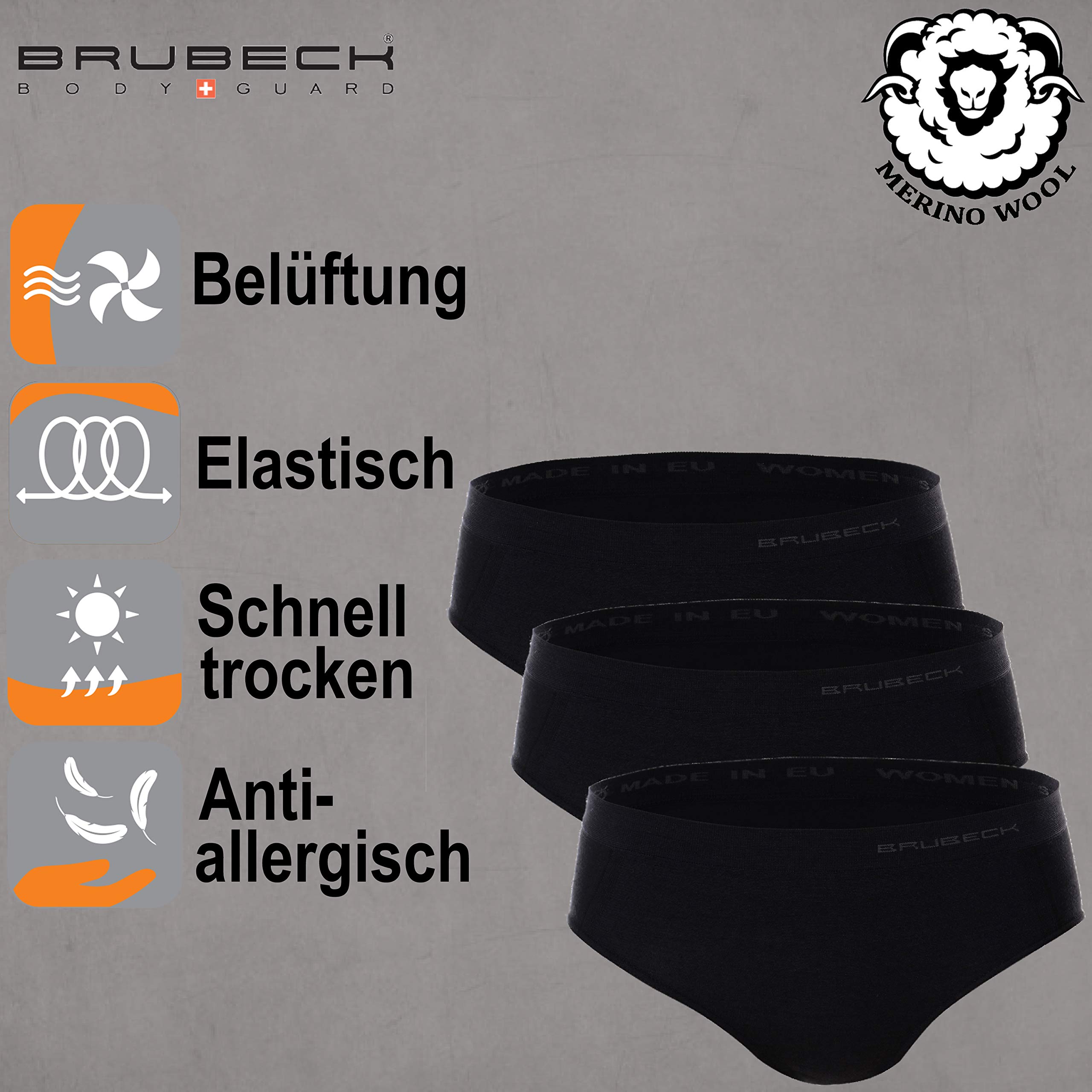 BRUBECK 3er Pack Damen Classic | Atmungsaktiv | Sport | Funktionsunterwäsche | Unterhose | Schlüpfer | Slip | 39% Merino-Wolle | HI10080
