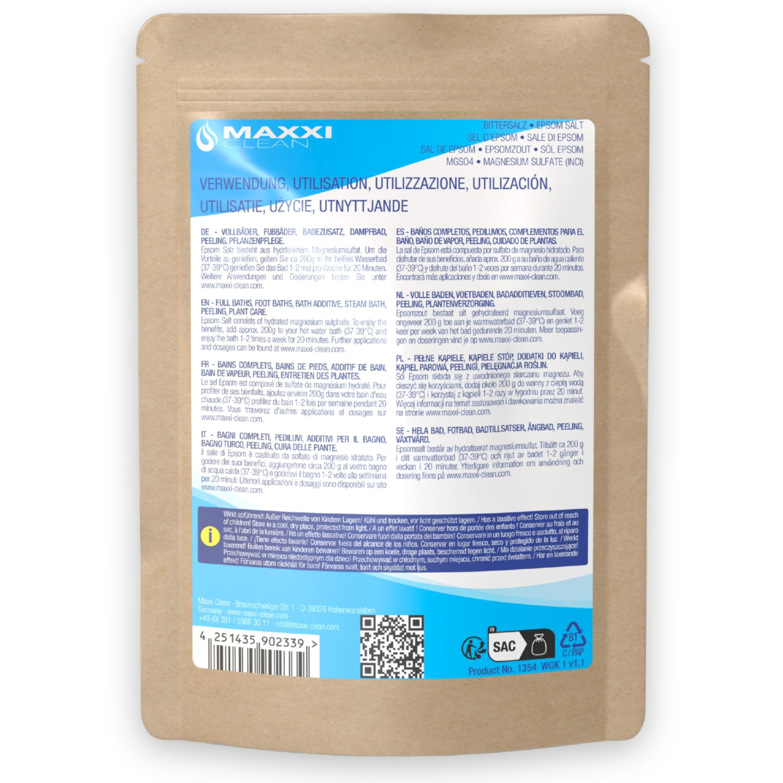 Maxxi Clean | 900 g di sale Epsom altamente puro | Sale da bagno per benessere e peeling del corpo | Solfato di magnesio per muscoli, pelle e anima | Magnesio adatto alla cura del giardino