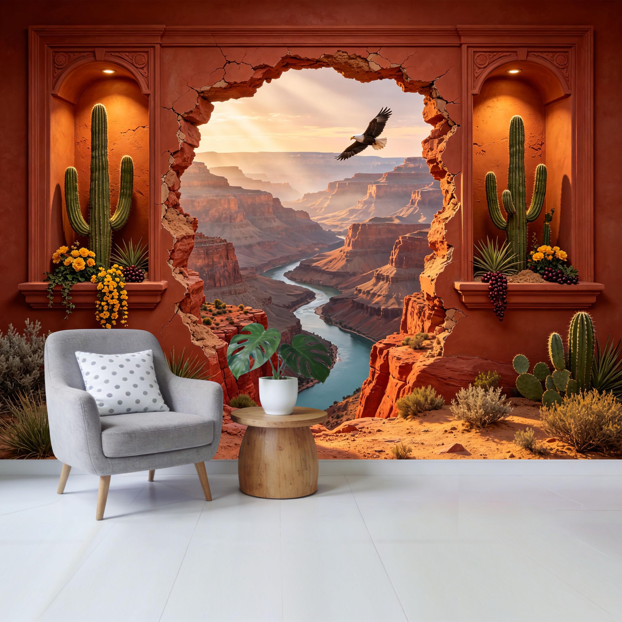 Removable Self Adhesive Fabric Mural， 3D Desert Canyon River View Custom Size Wall Covering， UV Protected Waterproof Washable Wall Decor for Living Room Bedroom Bathroom