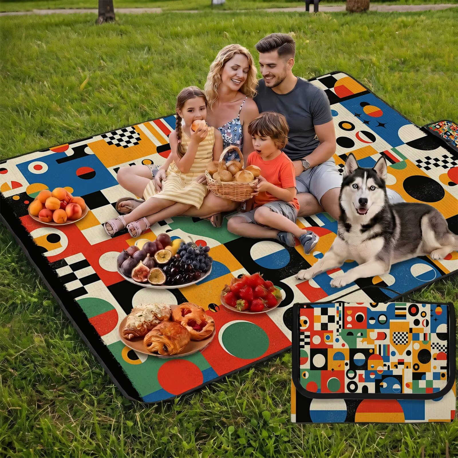 Couverture Pique Nique Grande 200x300cm,Outdoor Couverture Imperméable,Pliable Tapis de Plage Dos en PVC,Picnic Blanket pour Camping Accessoires,Jardin,Parc,Famille - Abstraction,géométrie FZ-106