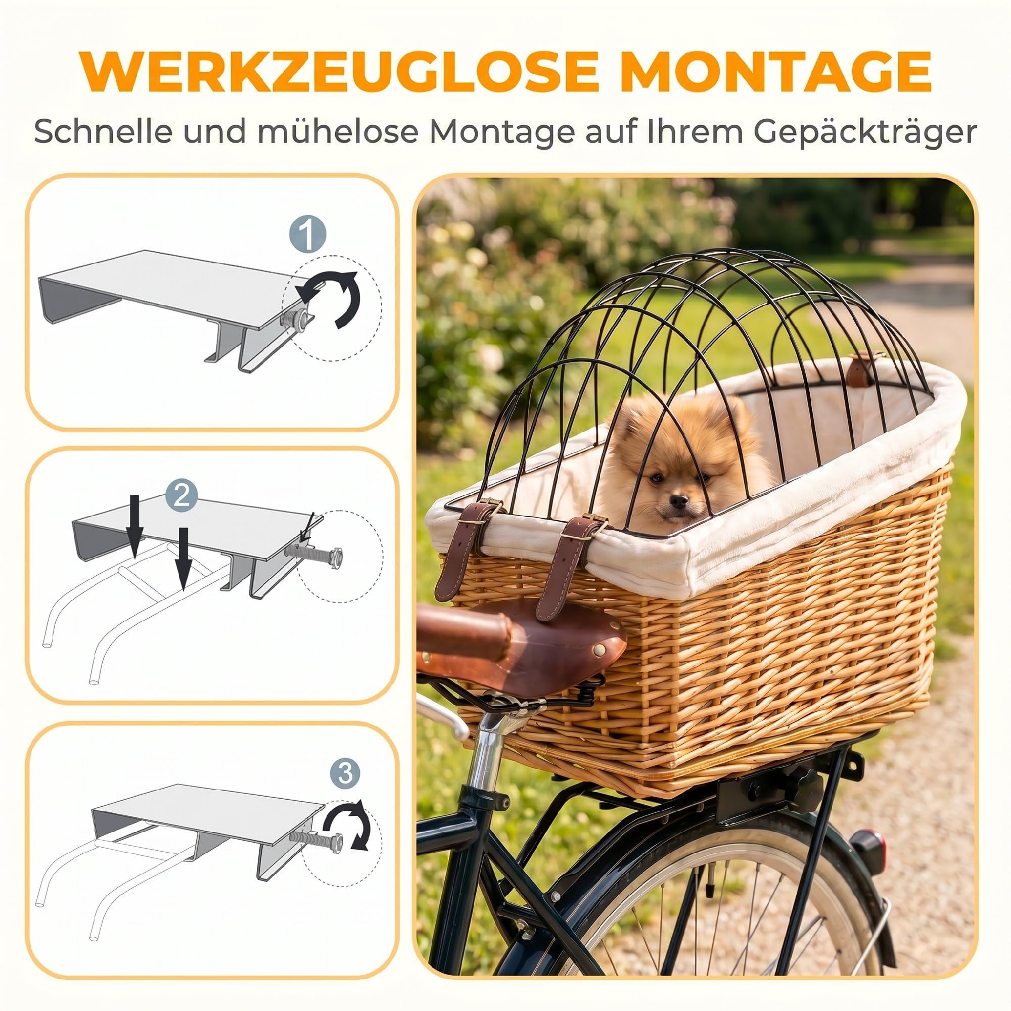 PawHut Hundefahrradkorb für Gepäckträger, Handgeflochtener mit Weichem Kissen Hundefahrradkorb Fahrrad Lenkerkorb für Hunde & Katzen, Hellbraun