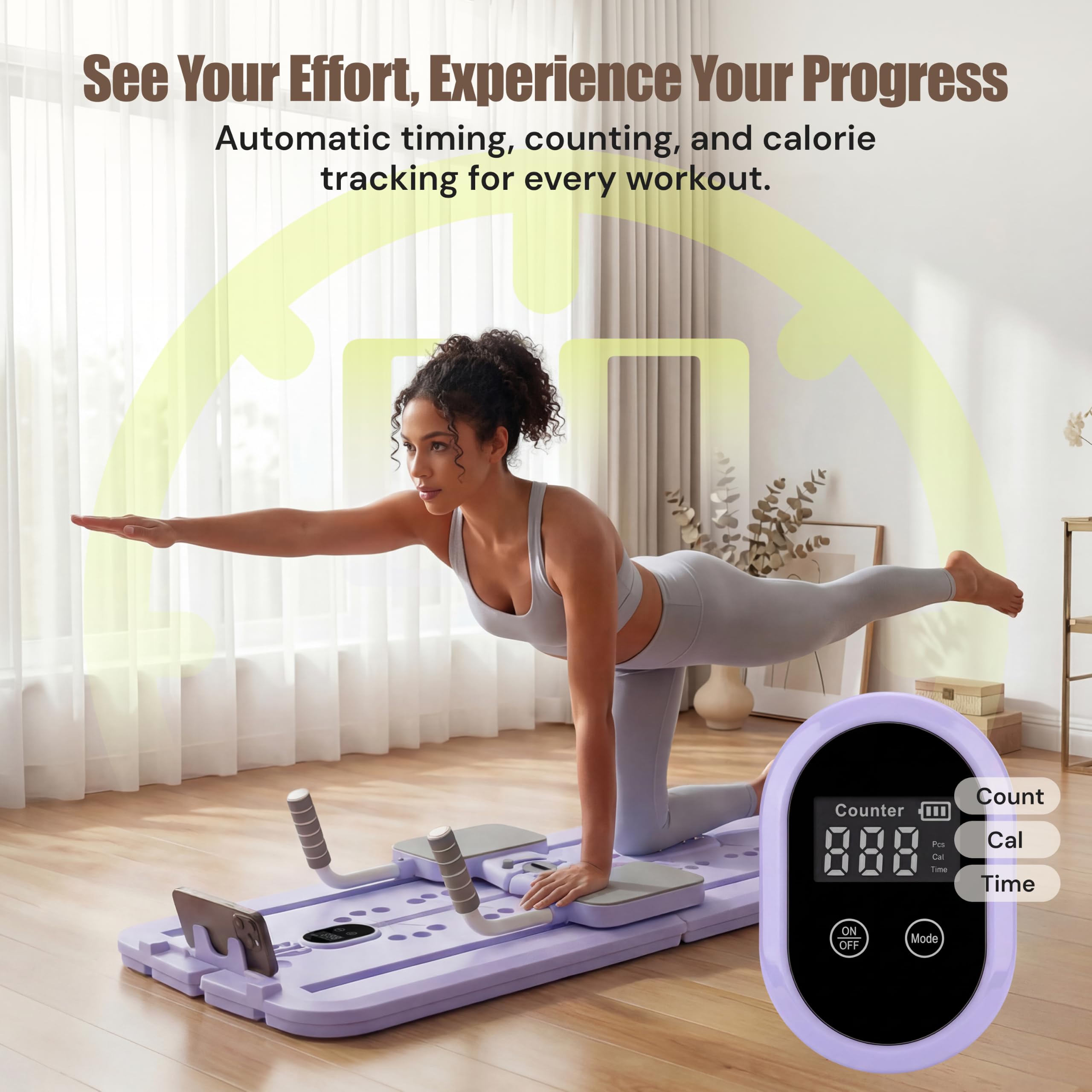 MaxU Pilates Board Reformer, Faltbares Pilates-Brett mit Ski-Modul, 3-stufigen Widerstandsbändern, Zähler für Kalorien/Zeit/Wiederholungen, 450 lbs Tragkraft, Handyhalter, Home Workout