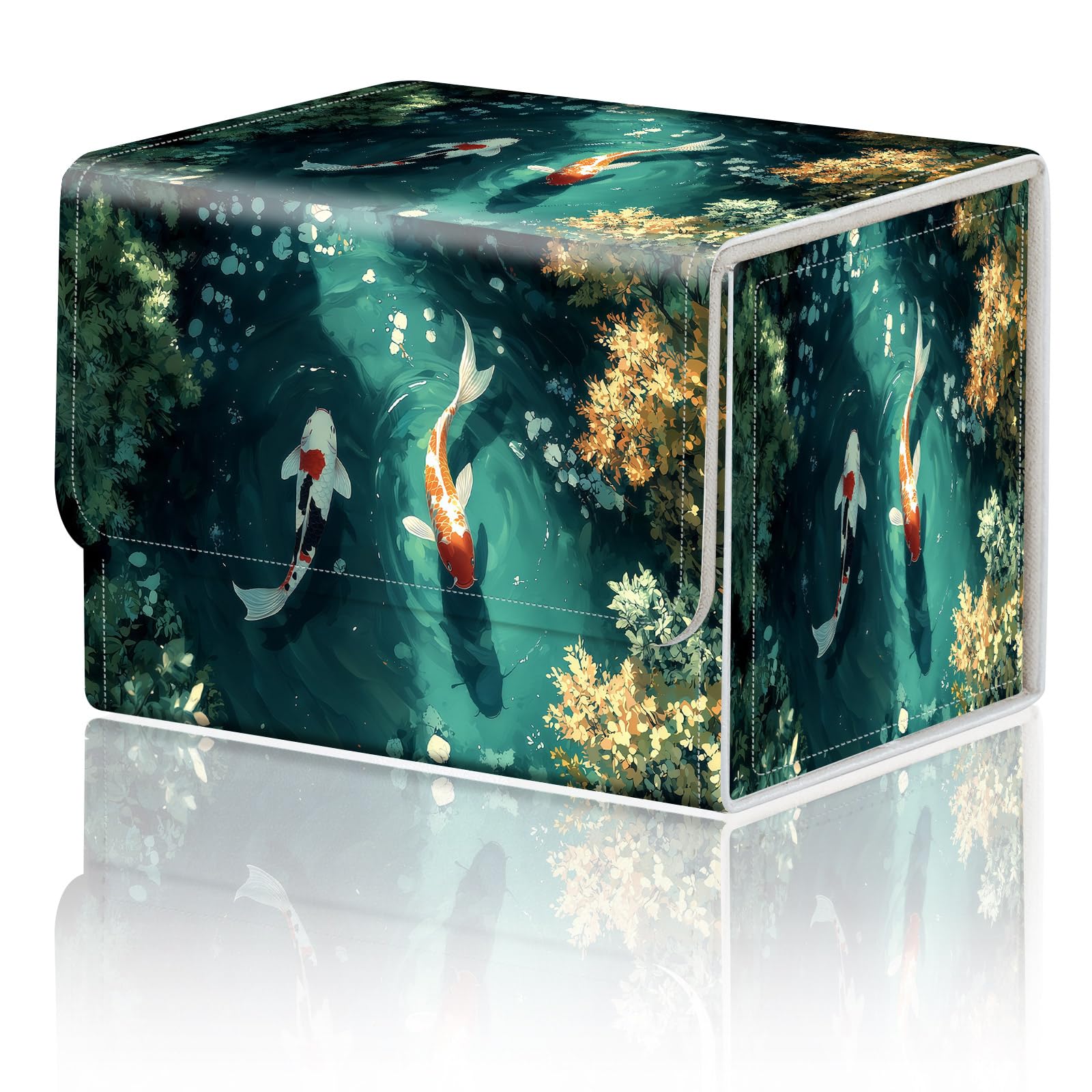 Card Game Storage Box for TCG Deck Box MTG Card Box Organizer Trading Card Case Commander Deck Box TCG Card Storage Box Magnetic Closure Creative Pattern Up to 200 Cards, Green Pond Red White Koi Fish โ image 1